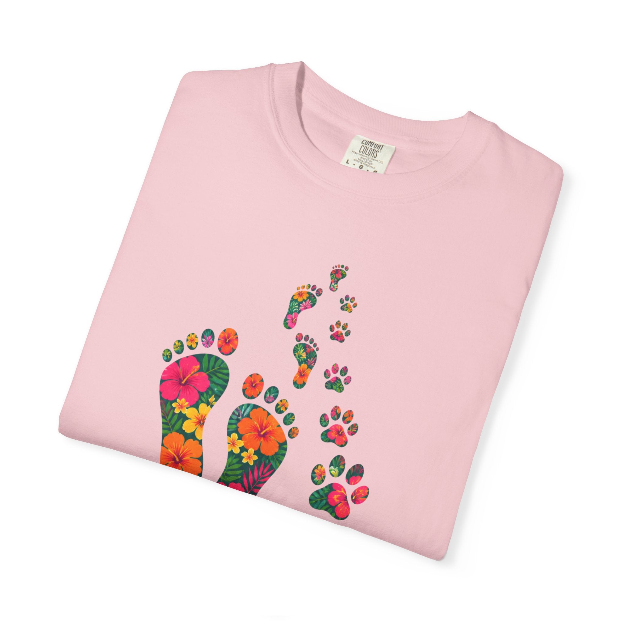 Never Walk Alone T-Shirt — Tropical Footprints & Paw Prints Graphic