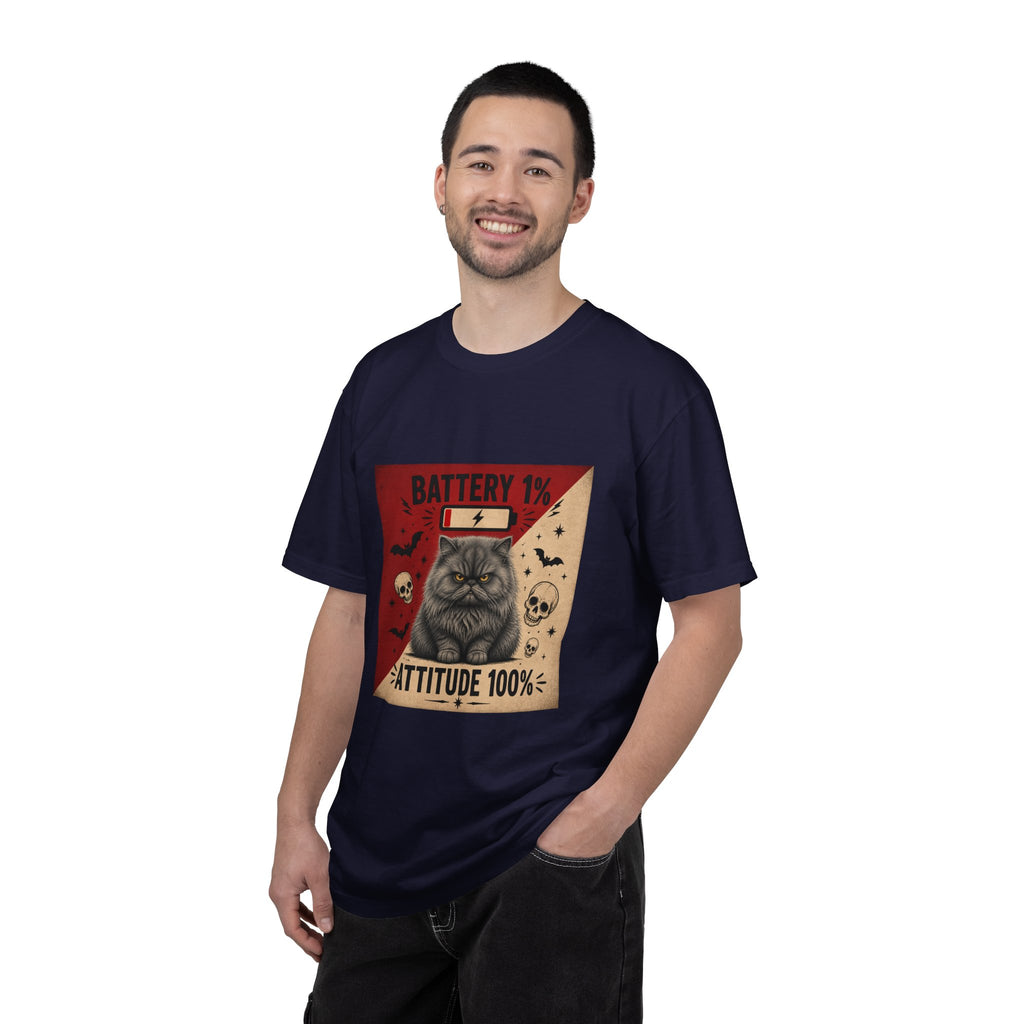 Angry Persian Cat T-Shirt — "Battery 1% / Attitude 100%" Spooky Vintage Graphic