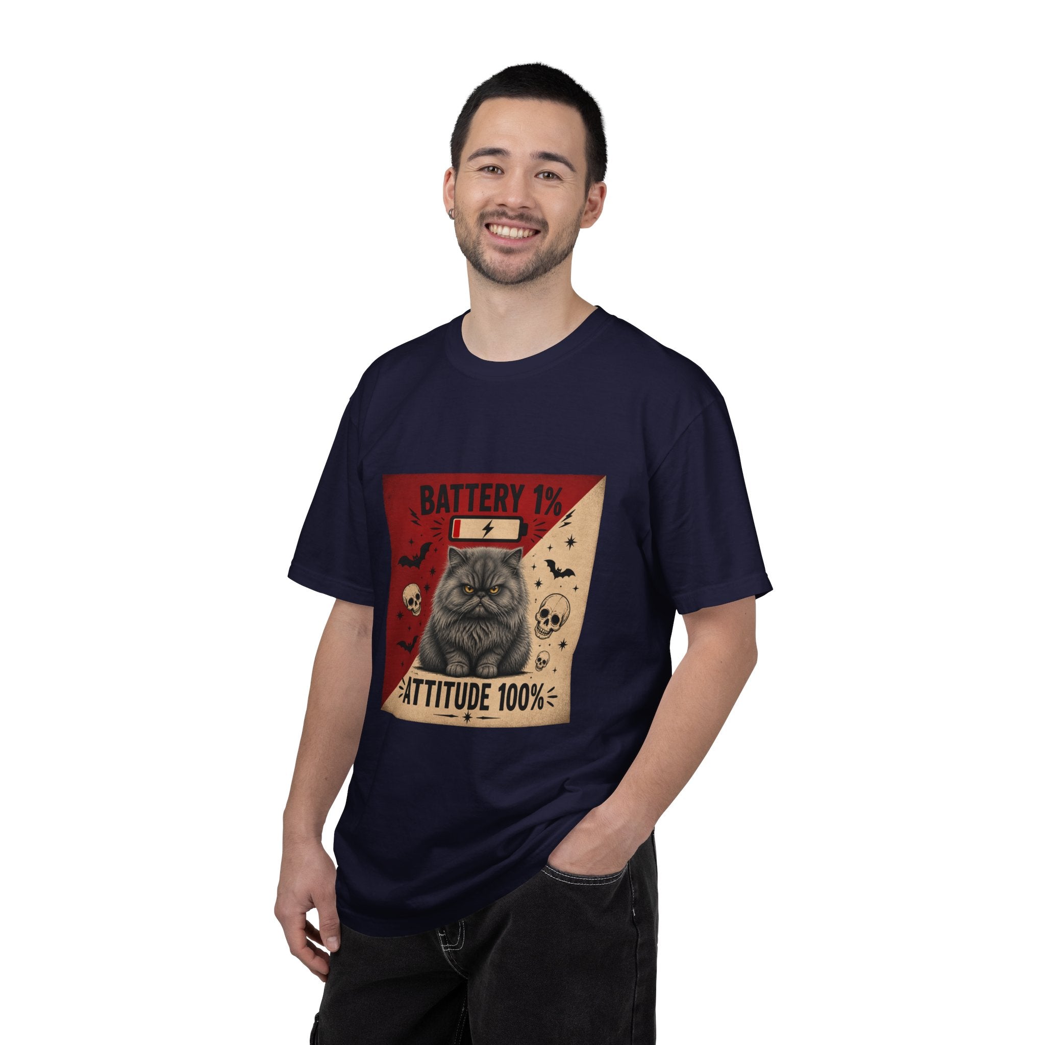 Angry Persian Cat T-Shirt — "Battery 1% / Attitude 100%" Spooky Vintage Graphic