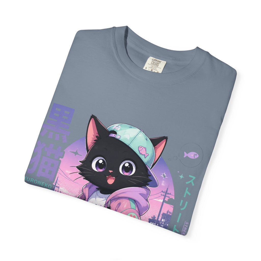 Chibi Black Cat Streetwear T-Shirt — Pastel Anime Cityscape (Kanji Accent)