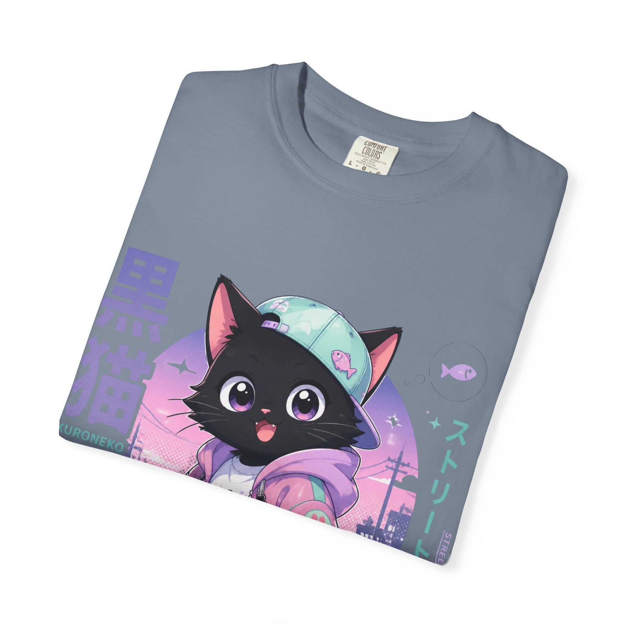 Chibi Black Cat Streetwear T-Shirt — Pastel Anime Cityscape (Kanji Accent)