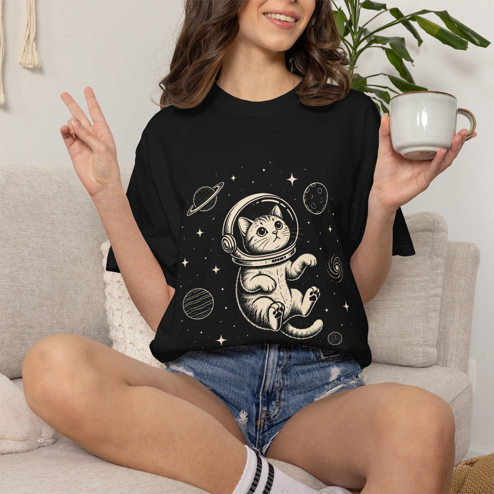 Tabby Astronaut Kitten T-Shirt — Whimsical Space Cat Line Art