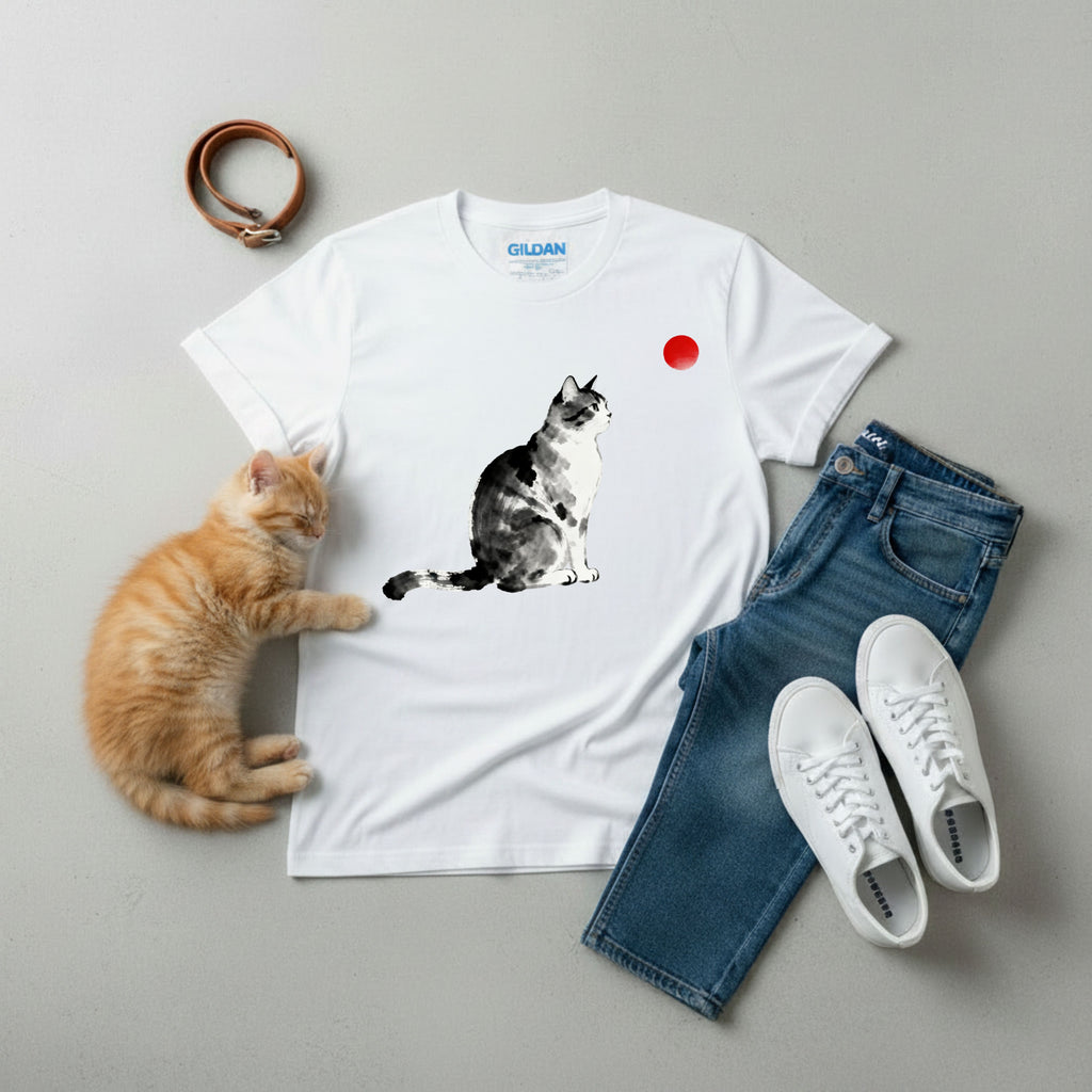 Sumi-e Tabby Cat T-Shirt — Minimalist Japanese Ink Wash Design