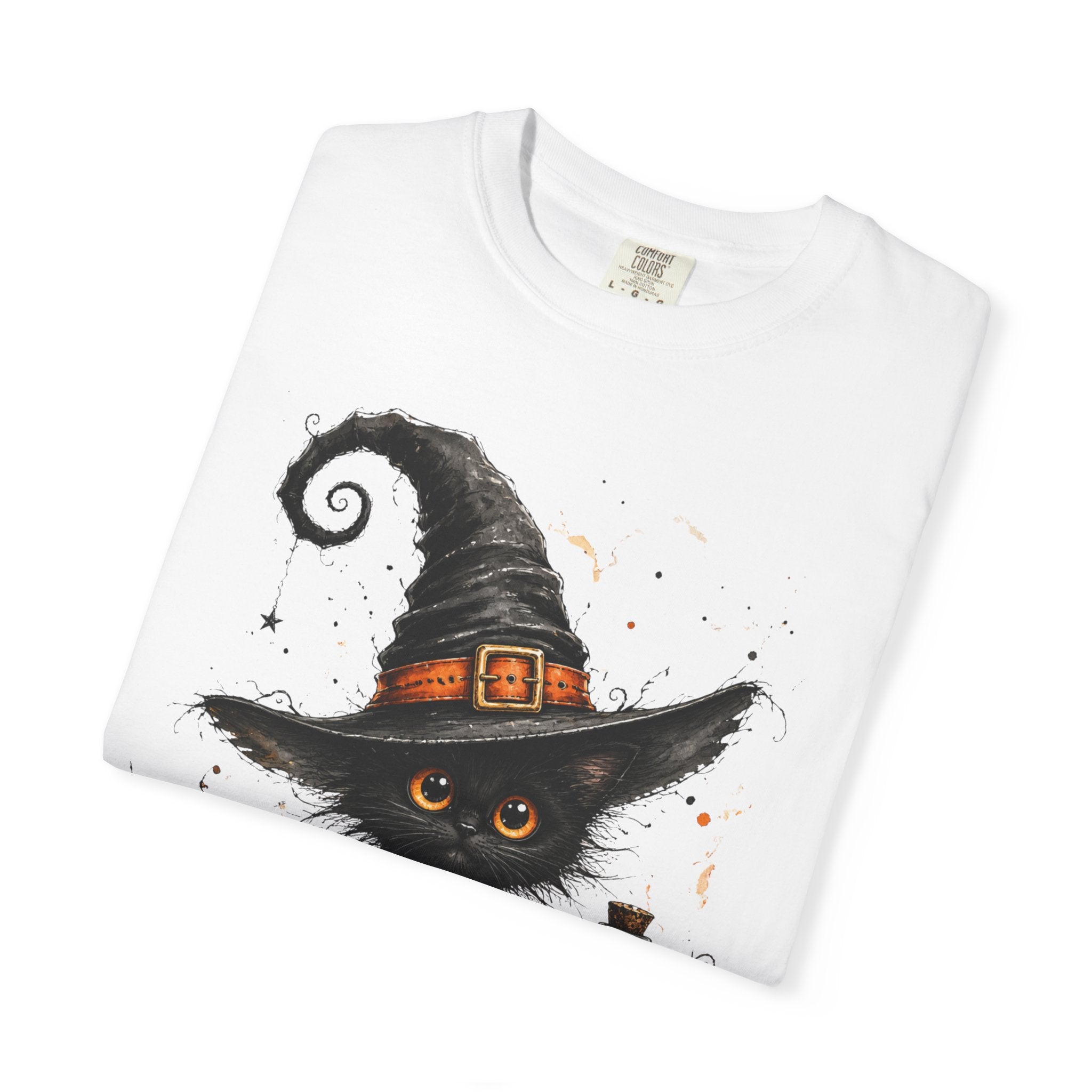 Fluffy Black Kitten Witch T-Shirt — 'Magic' Spellbook Halloween Tee