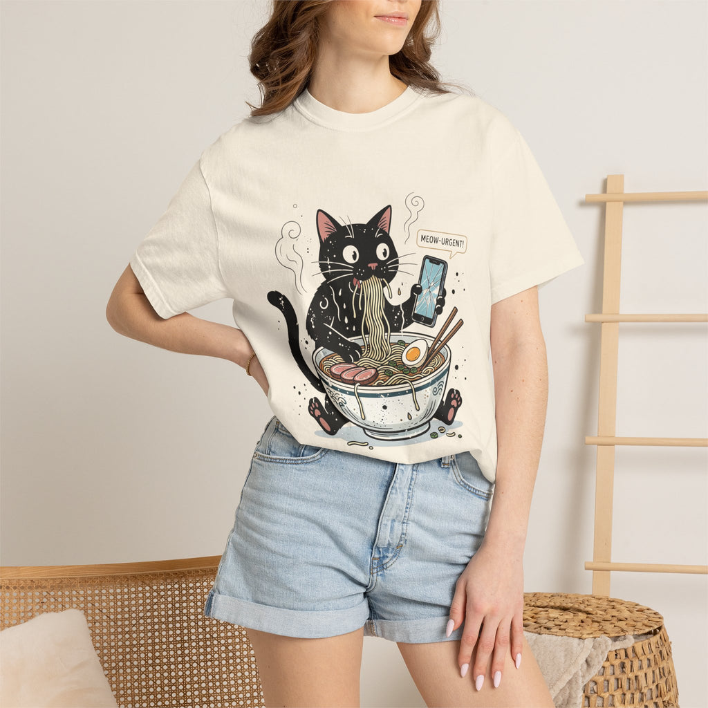 Startled Black Cat Eating Ramen T-Shirt — "MEOW-URGENT!"
