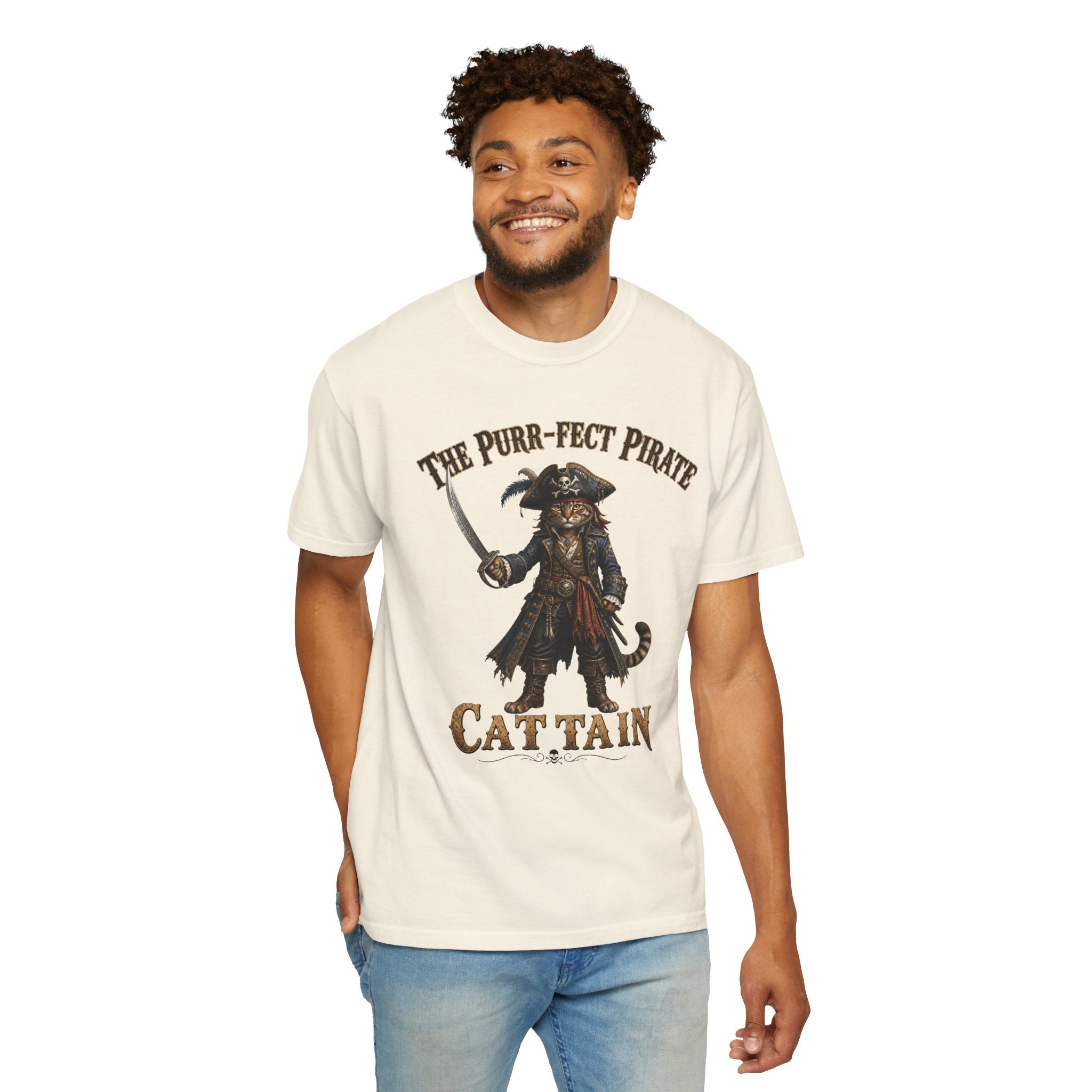 The Purr-fect Pirate Cattain T-Shirt — Tabby Cat Ship Captain Graphic