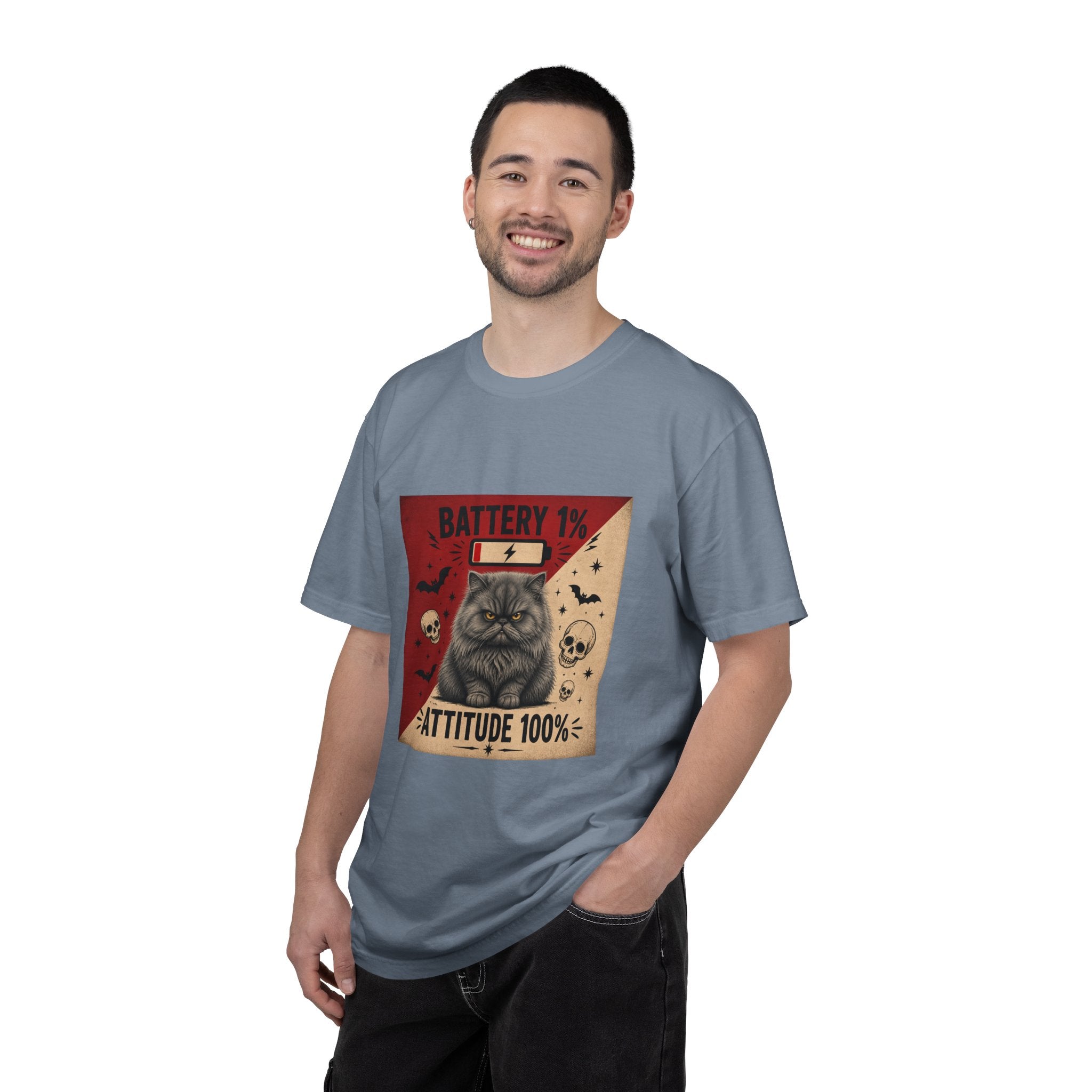 Angry Persian Cat T-Shirt — "Battery 1% / Attitude 100%" Spooky Vintage Graphic