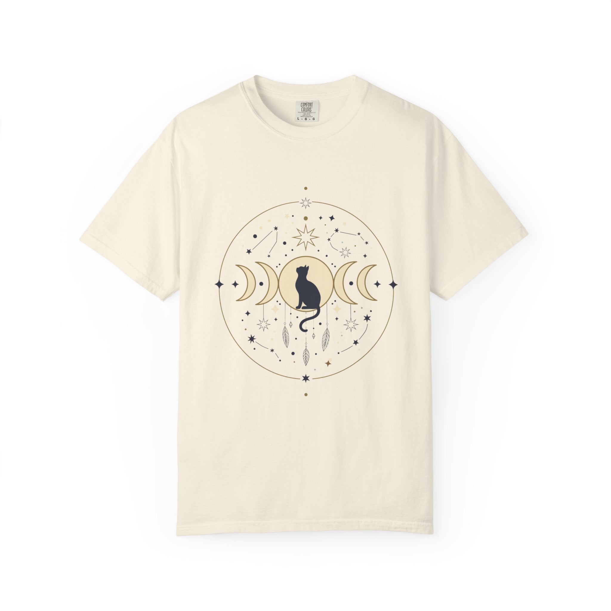 Celestial Cat Moon Phases T-Shirt — Gold & Black Cat Astronomy Tee