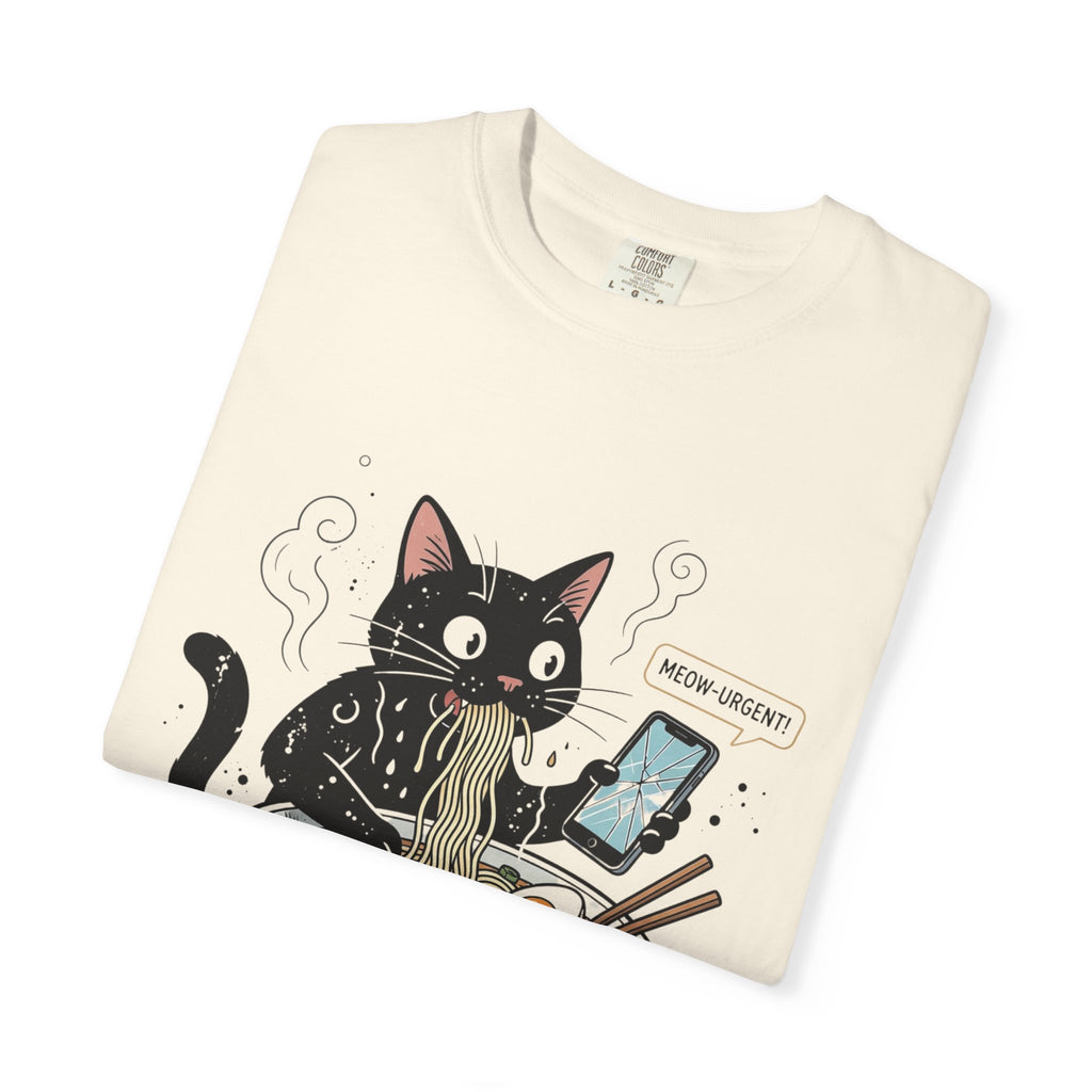 Startled Black Cat Eating Ramen T-Shirt — "MEOW-URGENT!"