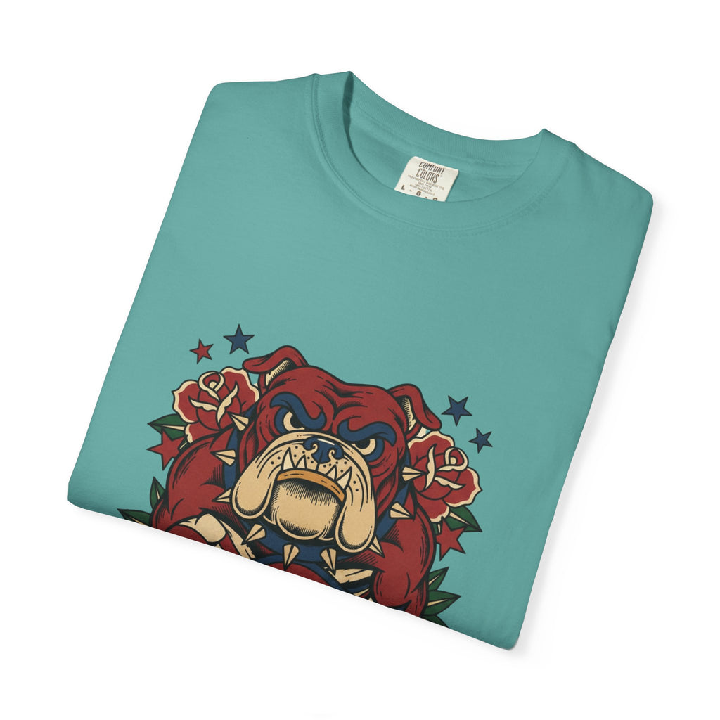 True Grit English Bulldog T-Shirt — Traditional Tattoo Rose Design