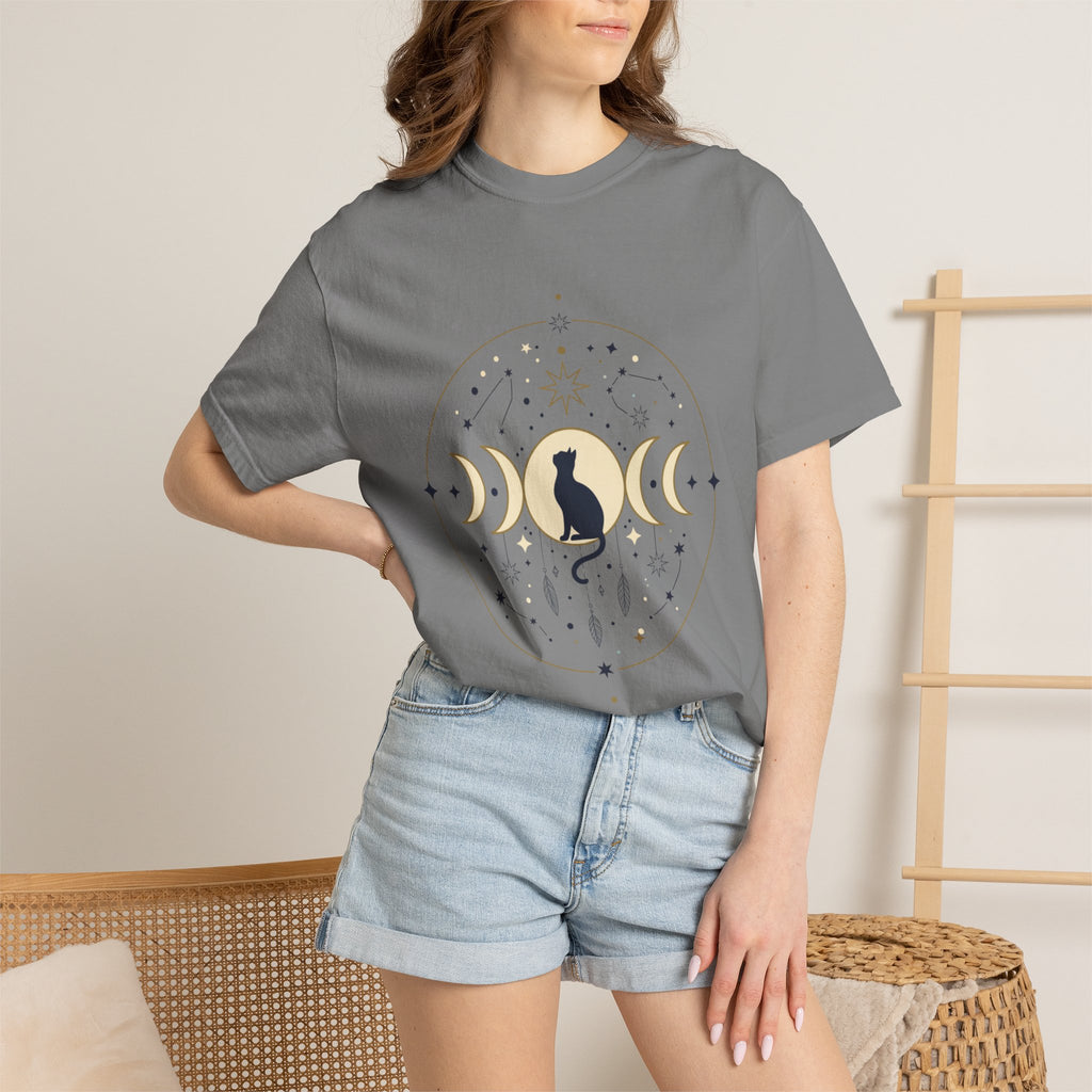 Celestial Cat Moon Phases T-Shirt — Gold & Black Cat Astronomy Tee
