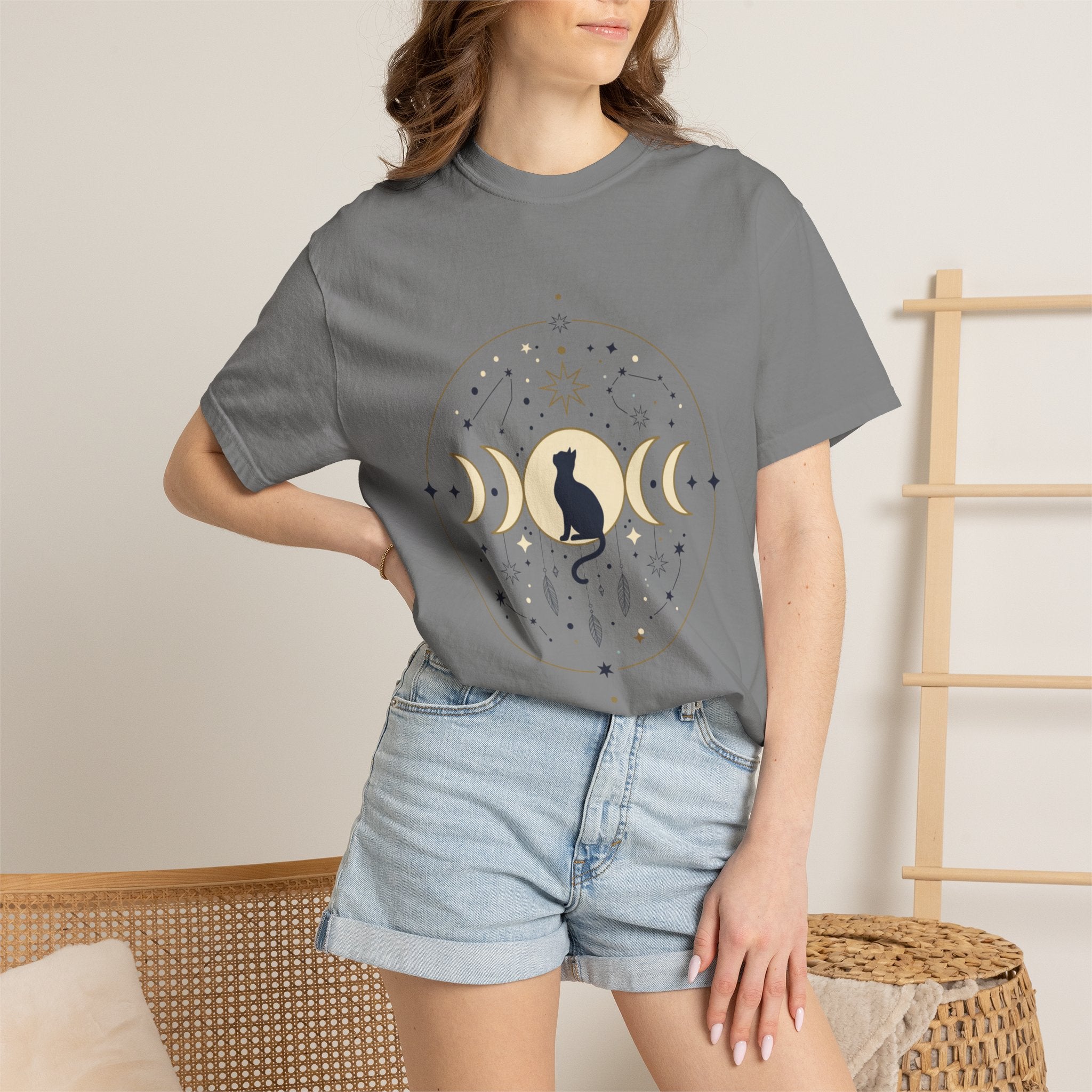 Celestial Cat Moon Phases T-Shirt — Gold & Black Cat Astronomy Tee