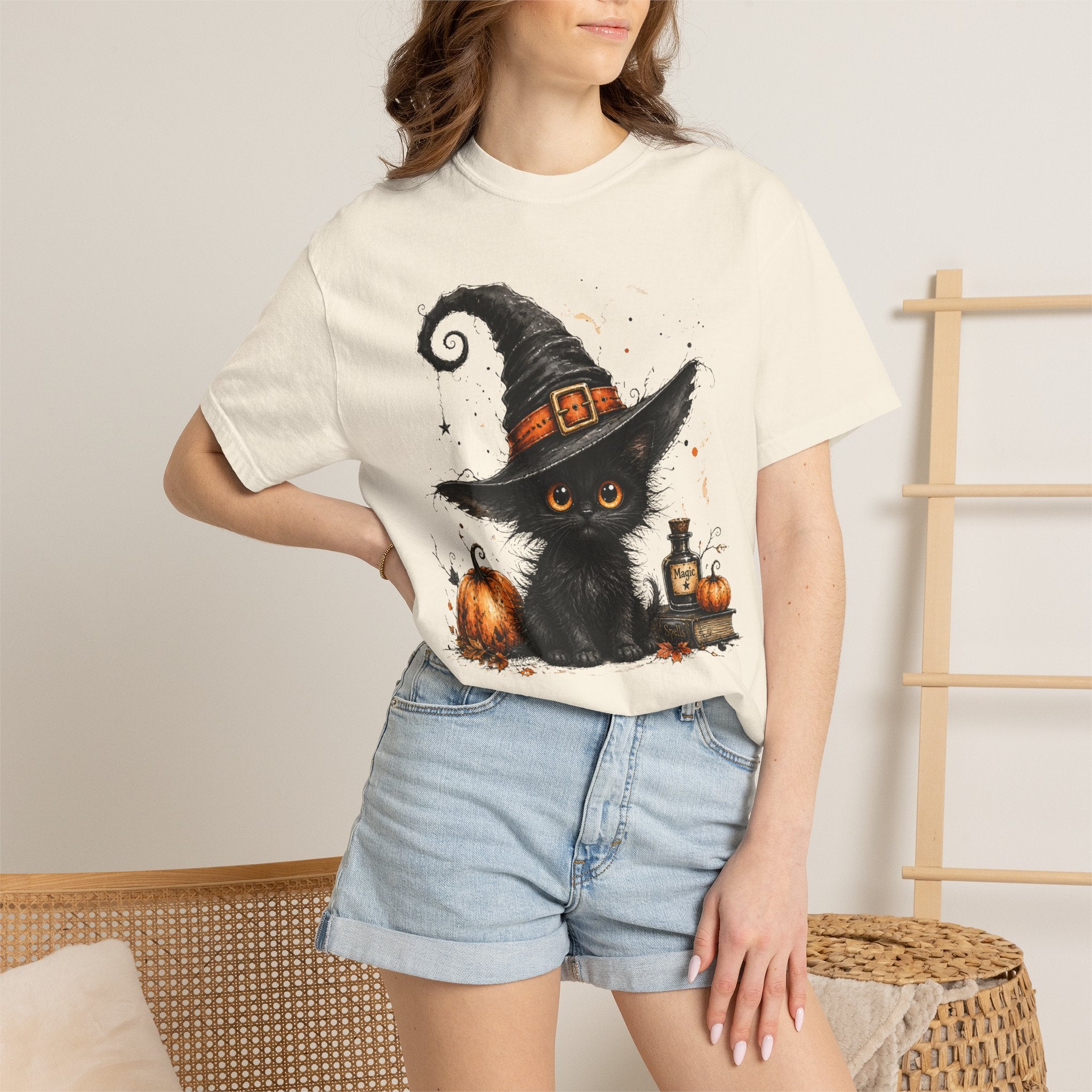 Fluffy Black Kitten Witch T-Shirt — 'Magic' Spellbook Halloween Tee