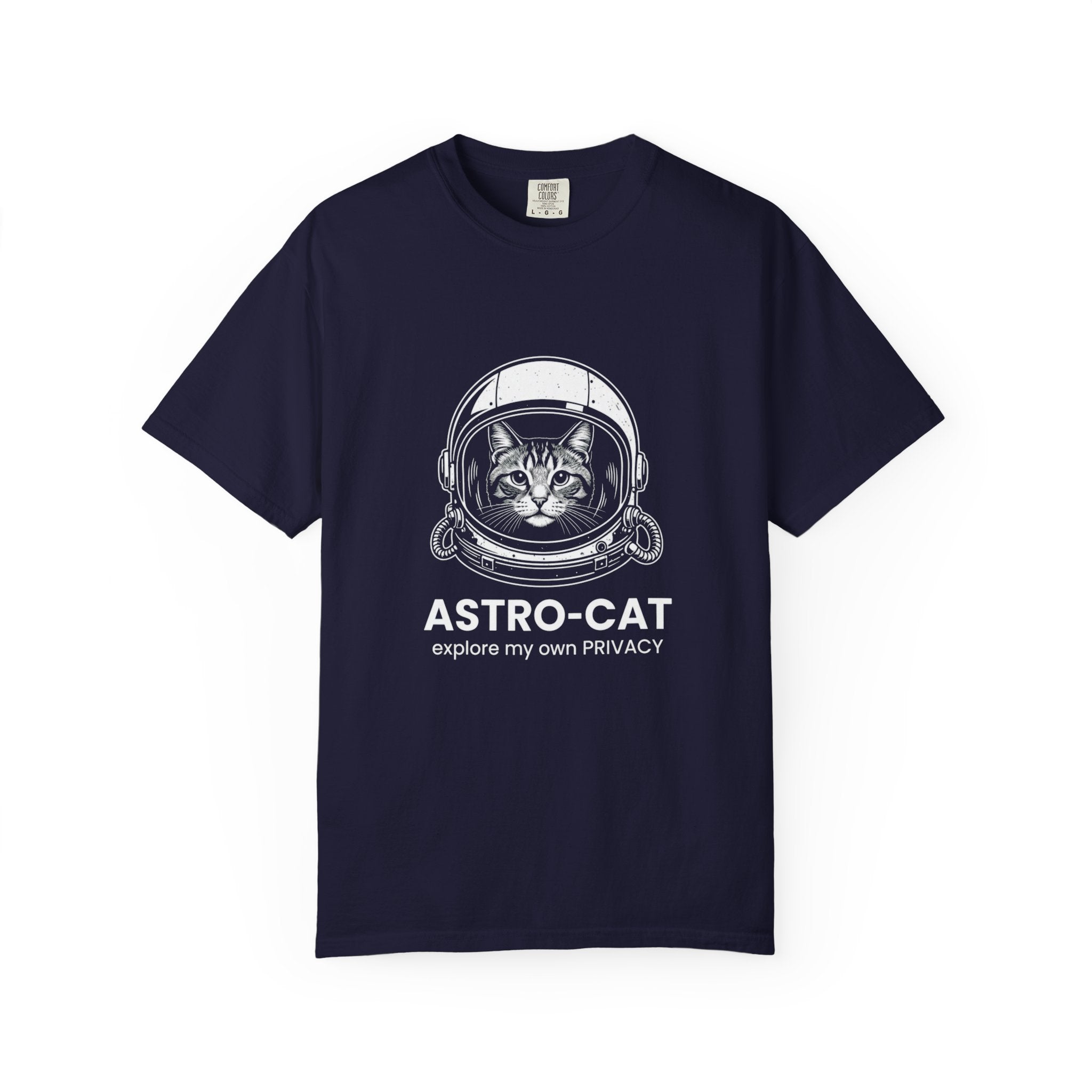 Astro-Cat Tabby Helmet T-Shirt — "explore my own PRIVACY" Retro Space Tee