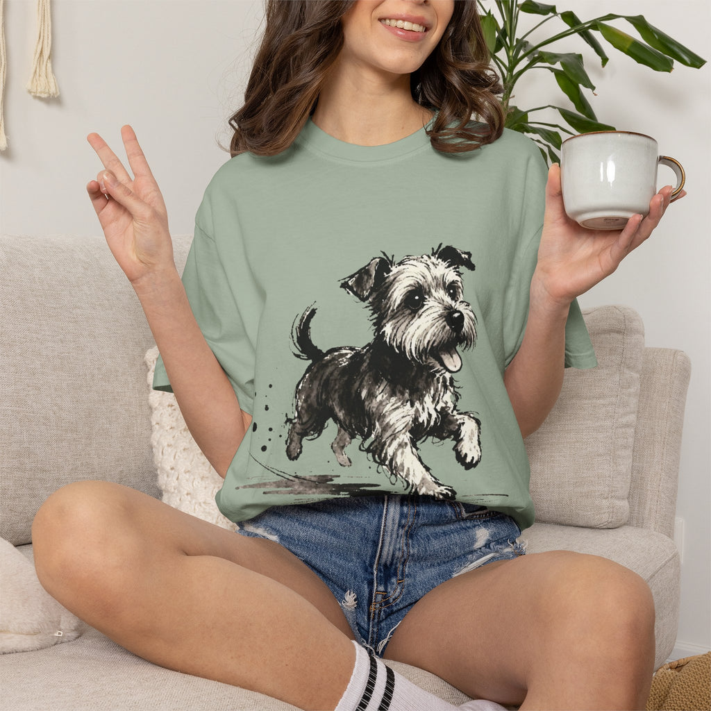 Wire‑Haired Terrier Puppy Running T-Shirt — Energetic Ink Sketch Design