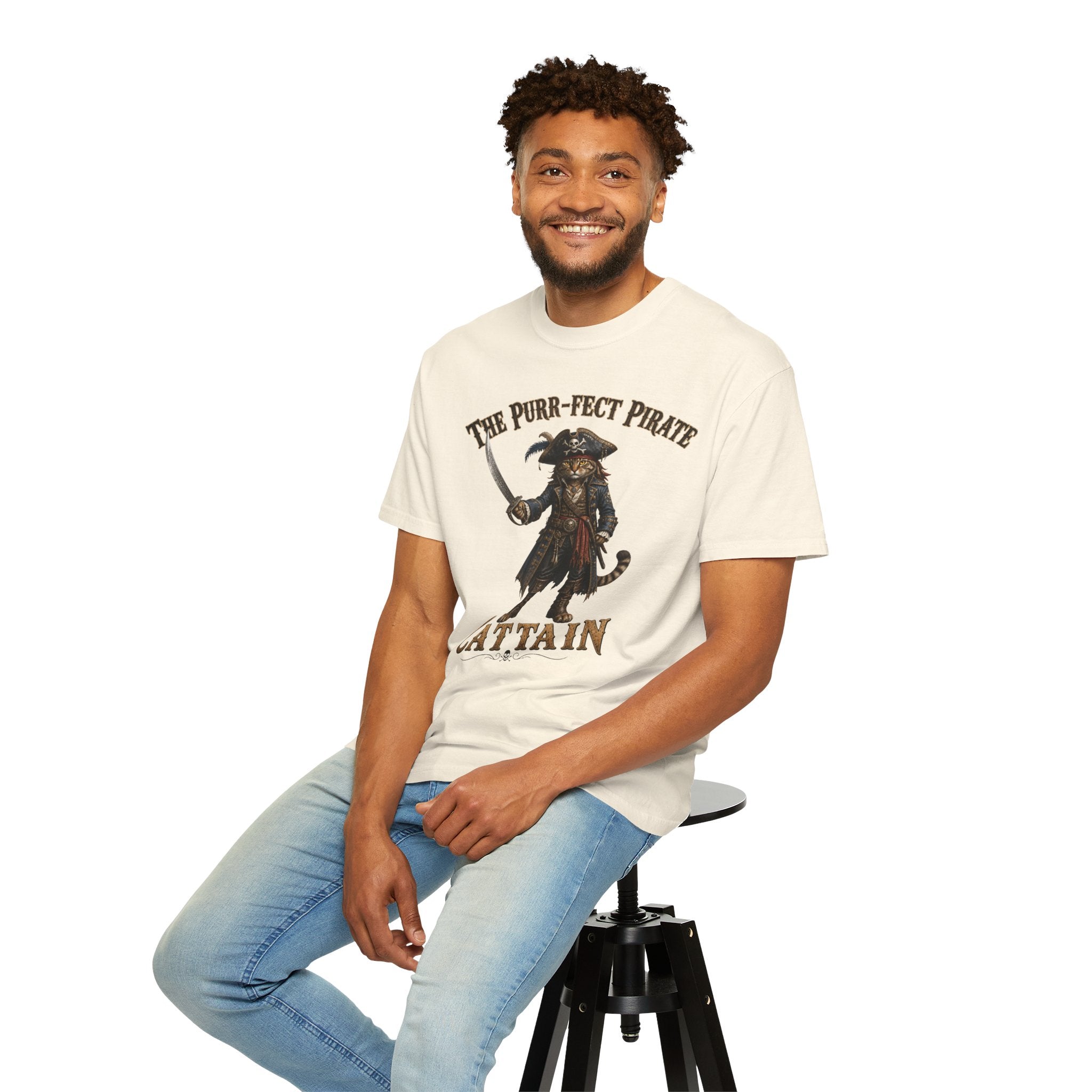 The Purr-fect Pirate Cattain T-Shirt — Tabby Cat Ship Captain Graphic