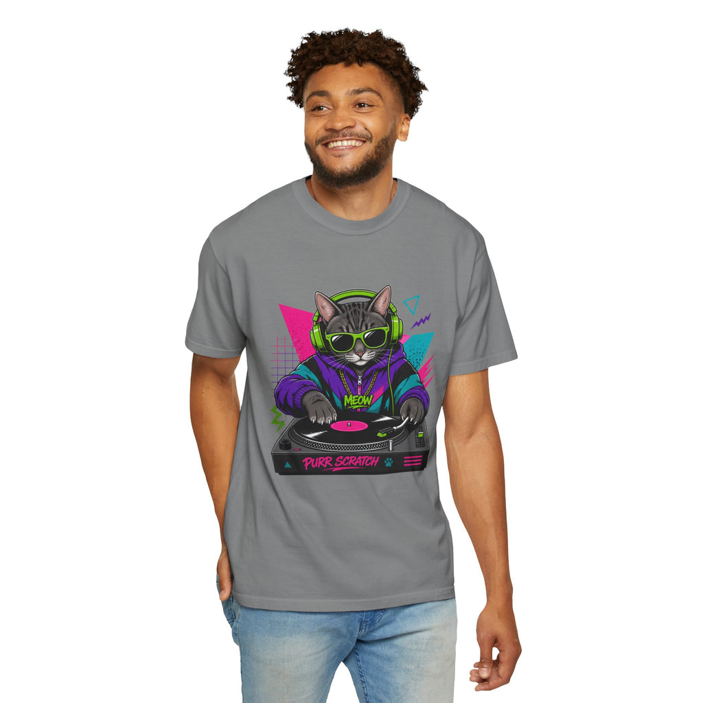 Purr Scratch DJ Cat T-Shirt — Retro 90s Neon Vinyl Graphic Tee