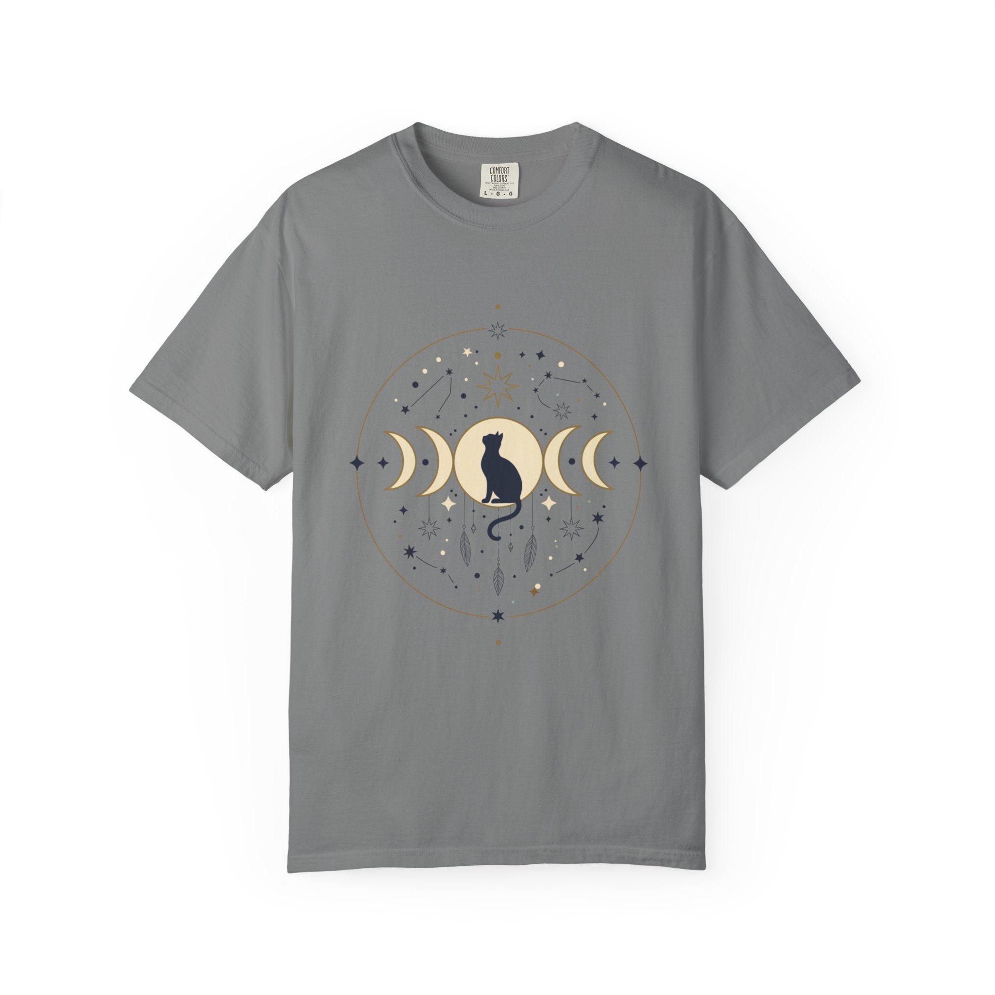 Celestial Cat Moon Phases T-Shirt — Gold & Black Cat Astronomy Tee