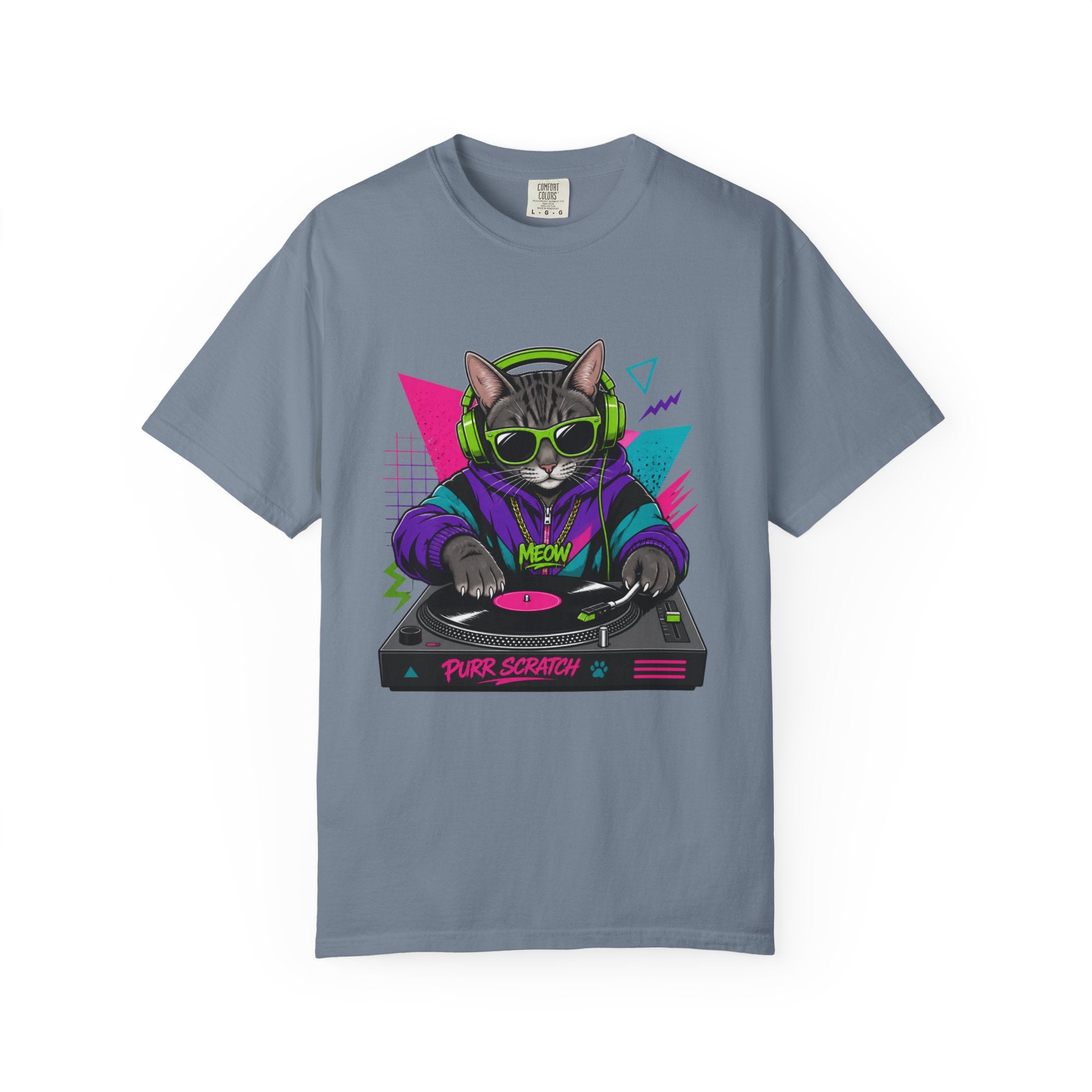 Purr Scratch DJ Cat T-Shirt — Retro 90s Neon Vinyl Graphic Tee