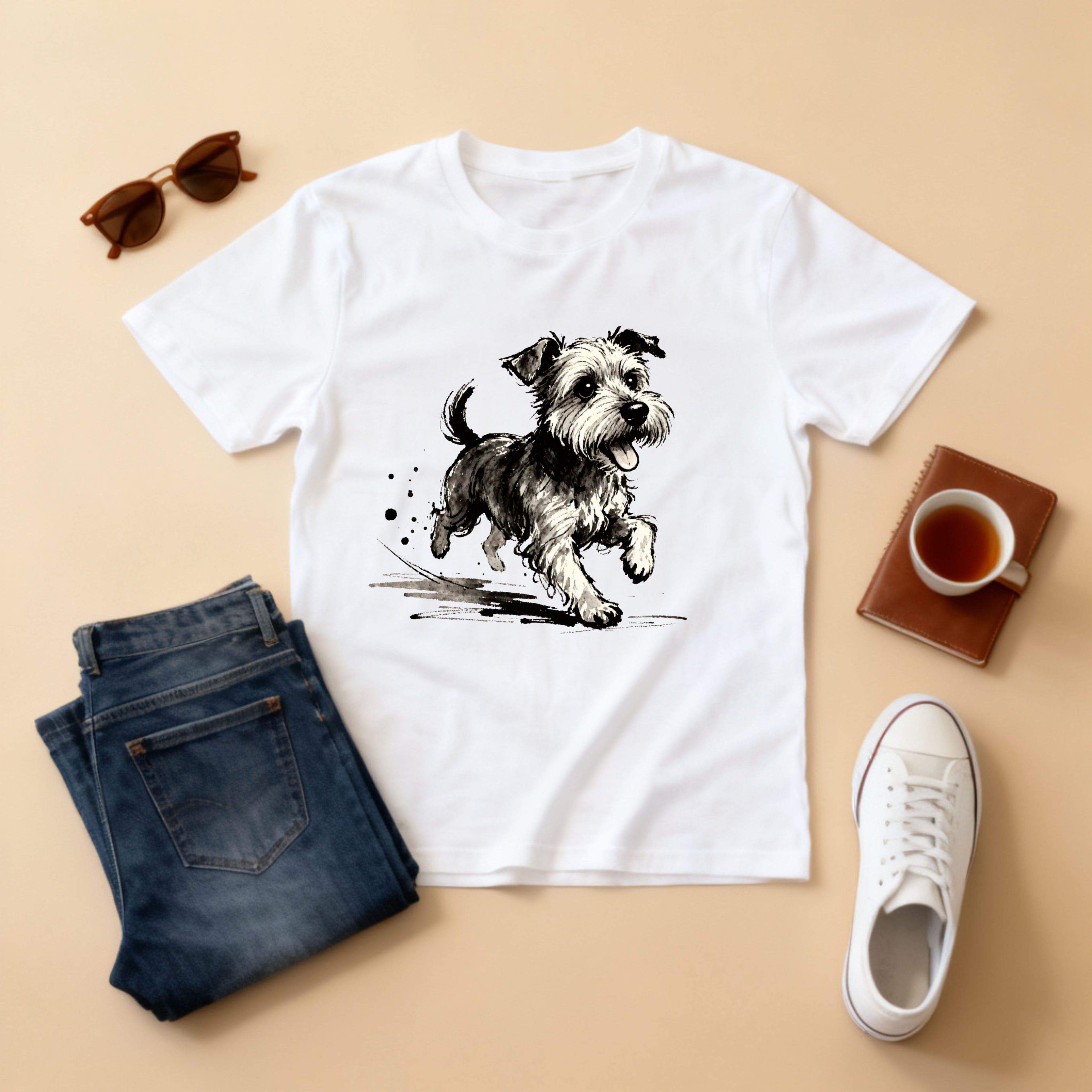 Wire‑Haired Terrier Puppy Running T-Shirt — Energetic Ink Sketch Design