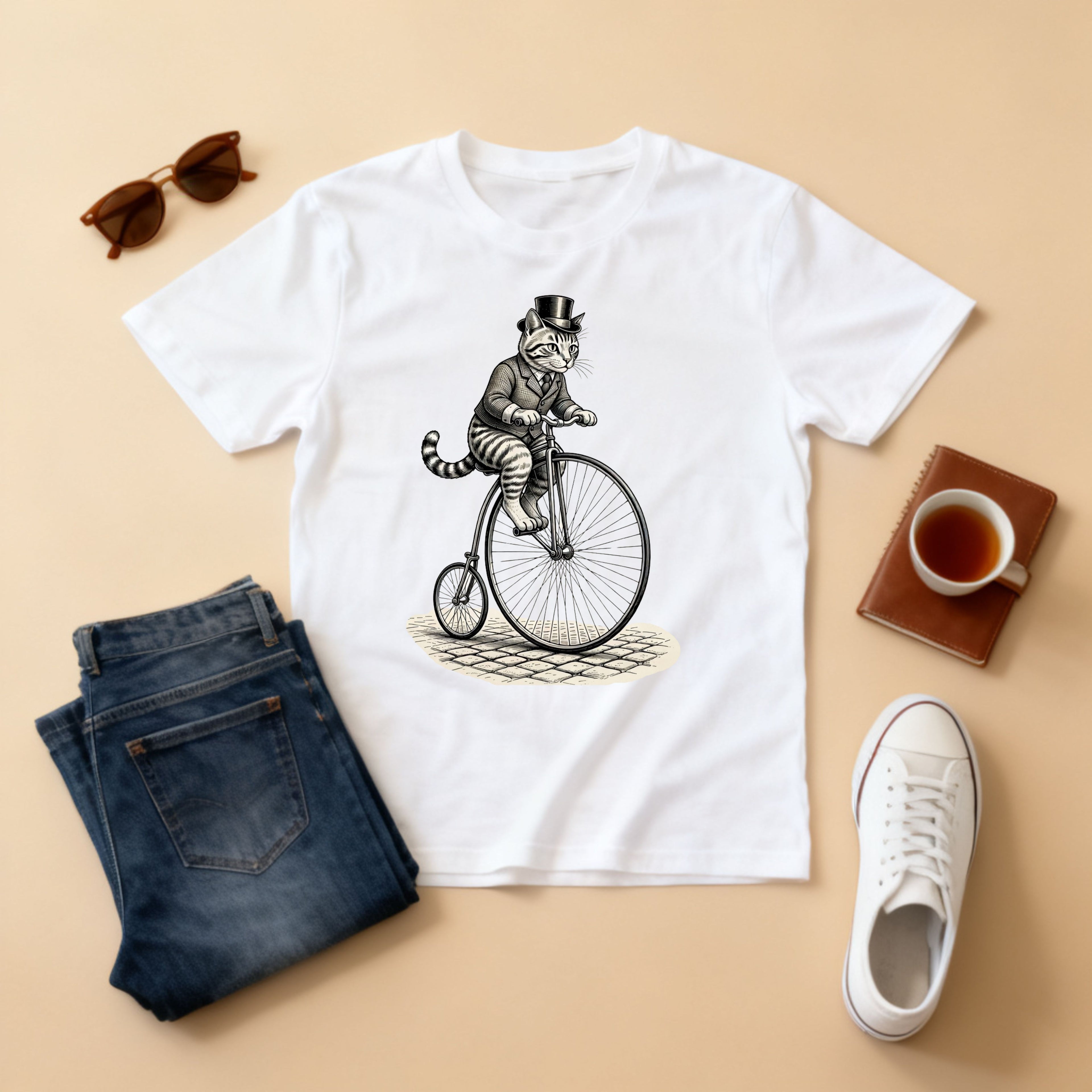 Victorian Dapper Tabby Cat T-Shirt — Penny-Farthing Bicycle Engraving