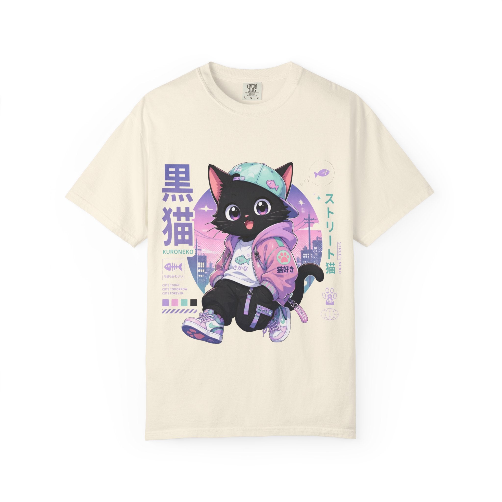 Chibi Black Cat Streetwear T-Shirt — Pastel Anime Cityscape (Kanji Accent)