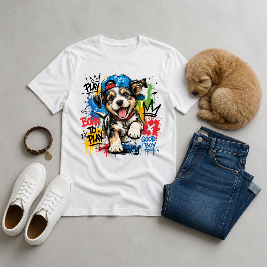Puppy Graffiti T-Shirt – "Born to Play" Cute Good Boy Tee