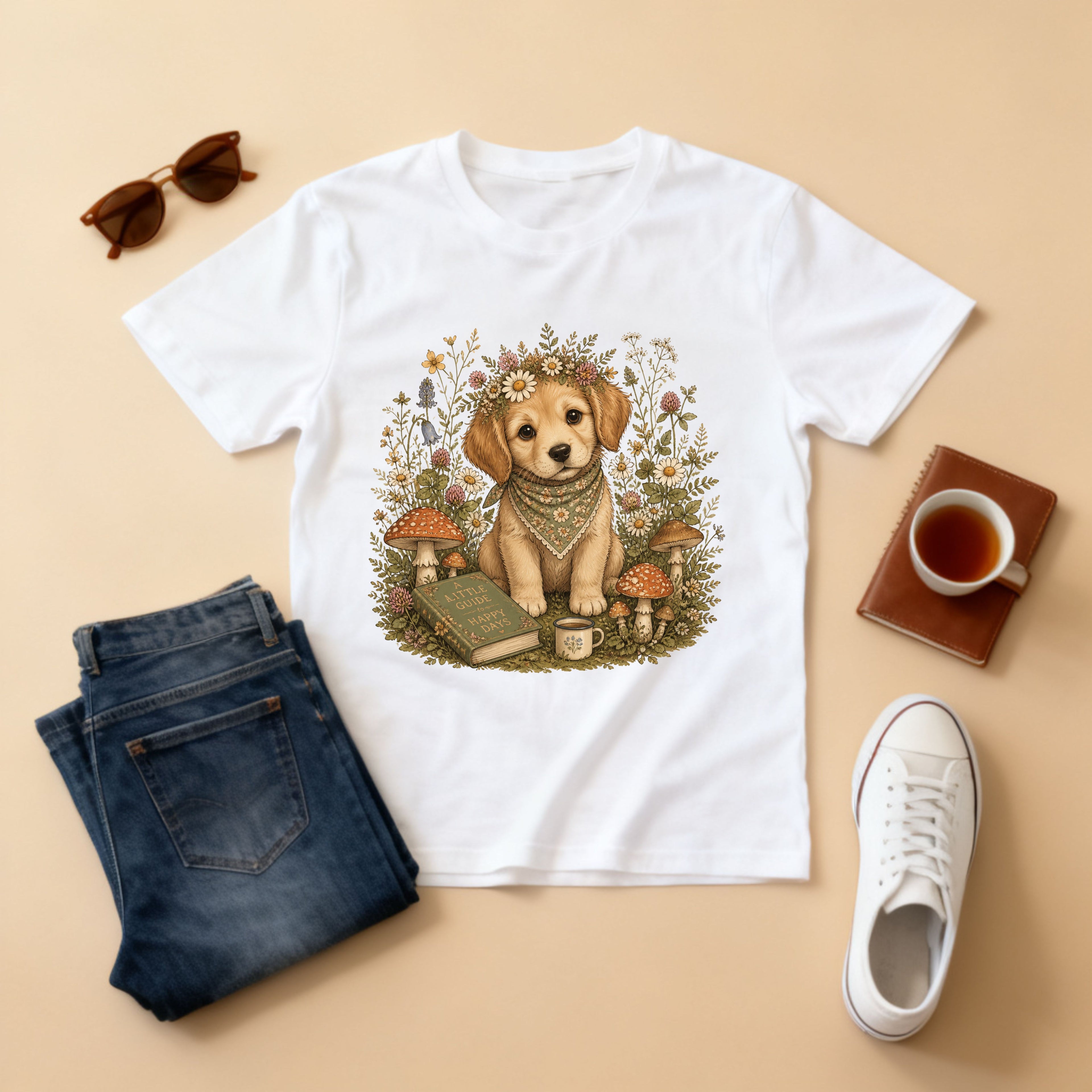 Golden Retriever Puppy Cottagecore Tee — Vintage Floral Storybook Dog Design