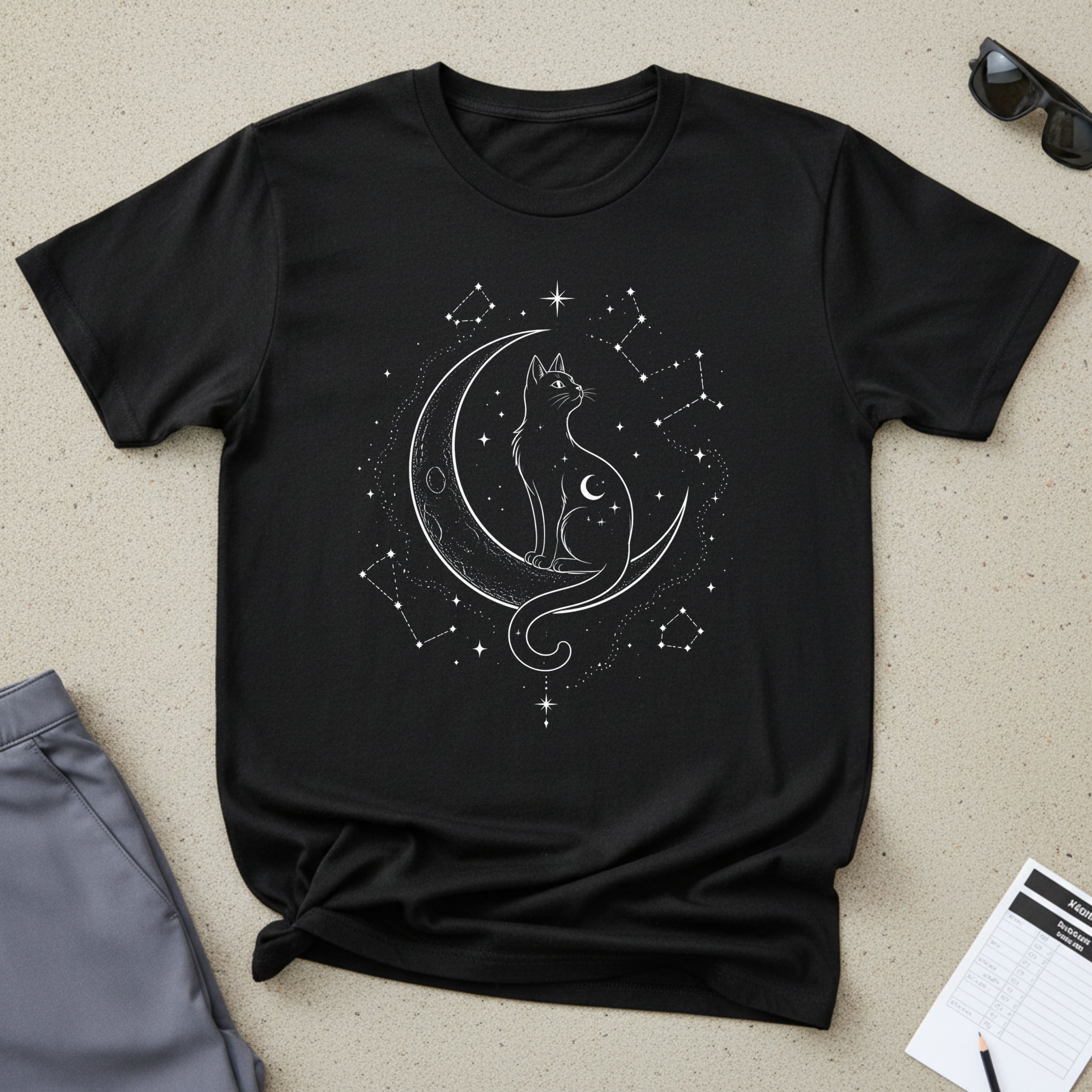Mystical Crescent Moon Cat T-Shirt — Celestial Black Cat Night Sky Design