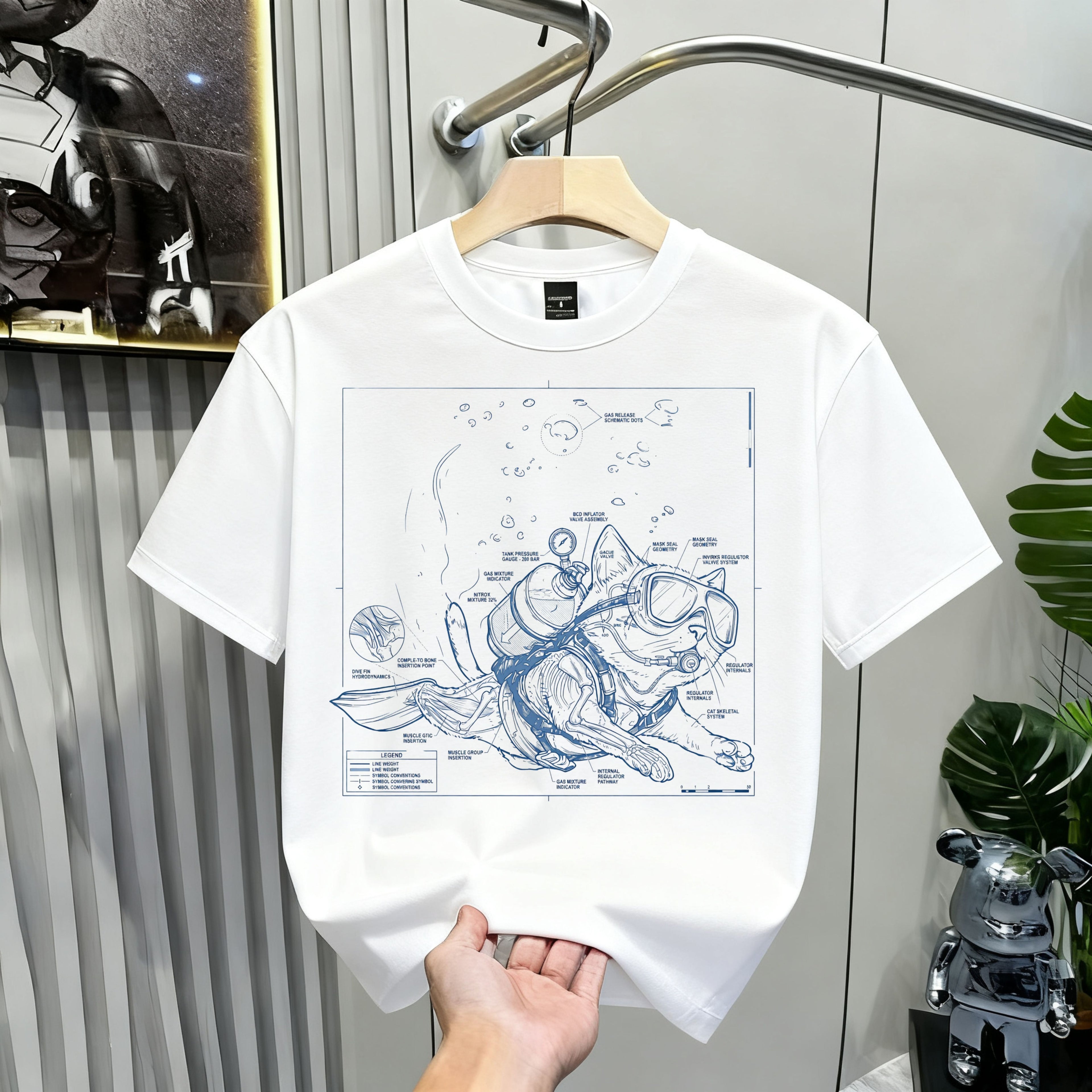 Cat Scuba Blueprint T-Shirt