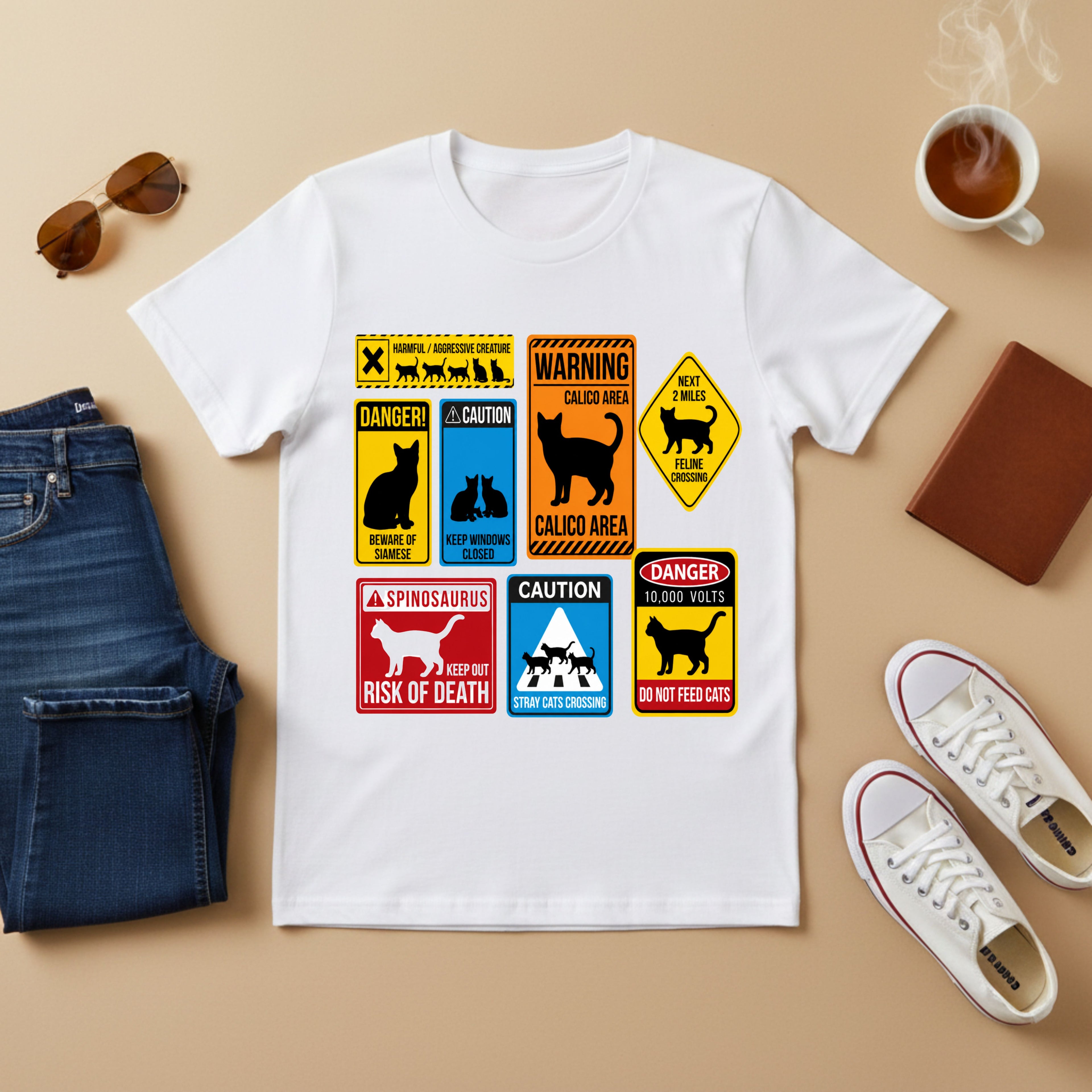 Cat Warning Signs Graphic T-Shirt — Humorous Multi-Panel Cat Hazard Tee