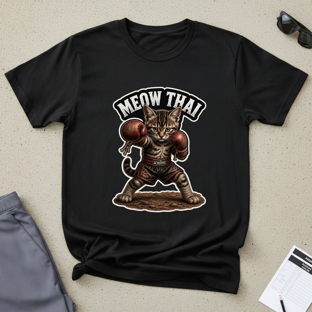 Meow Thai Muay Thai Kitten T-Shirt — Brown Tabby Cat Fighter Graphic Tee