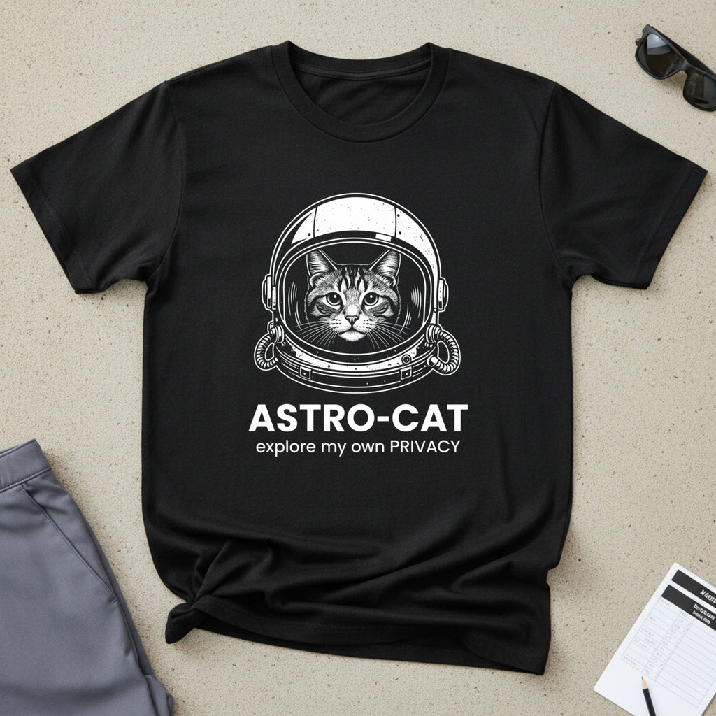 Astro-Cat Tabby Helmet T-Shirt — "explore my own PRIVACY" Retro Space Tee