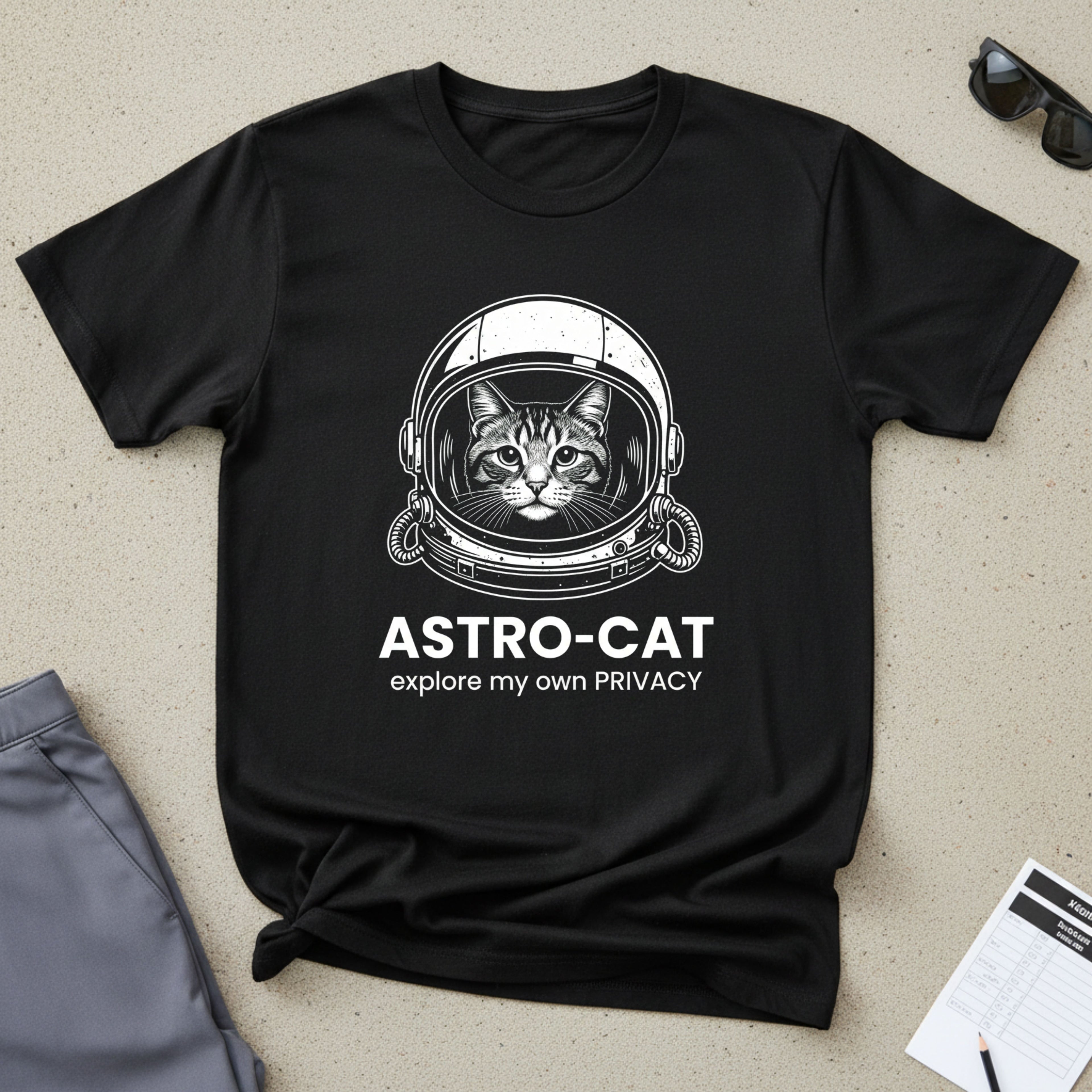 Astro-Cat Tabby Helmet T-Shirt — "explore my own PRIVACY" Retro Space Tee