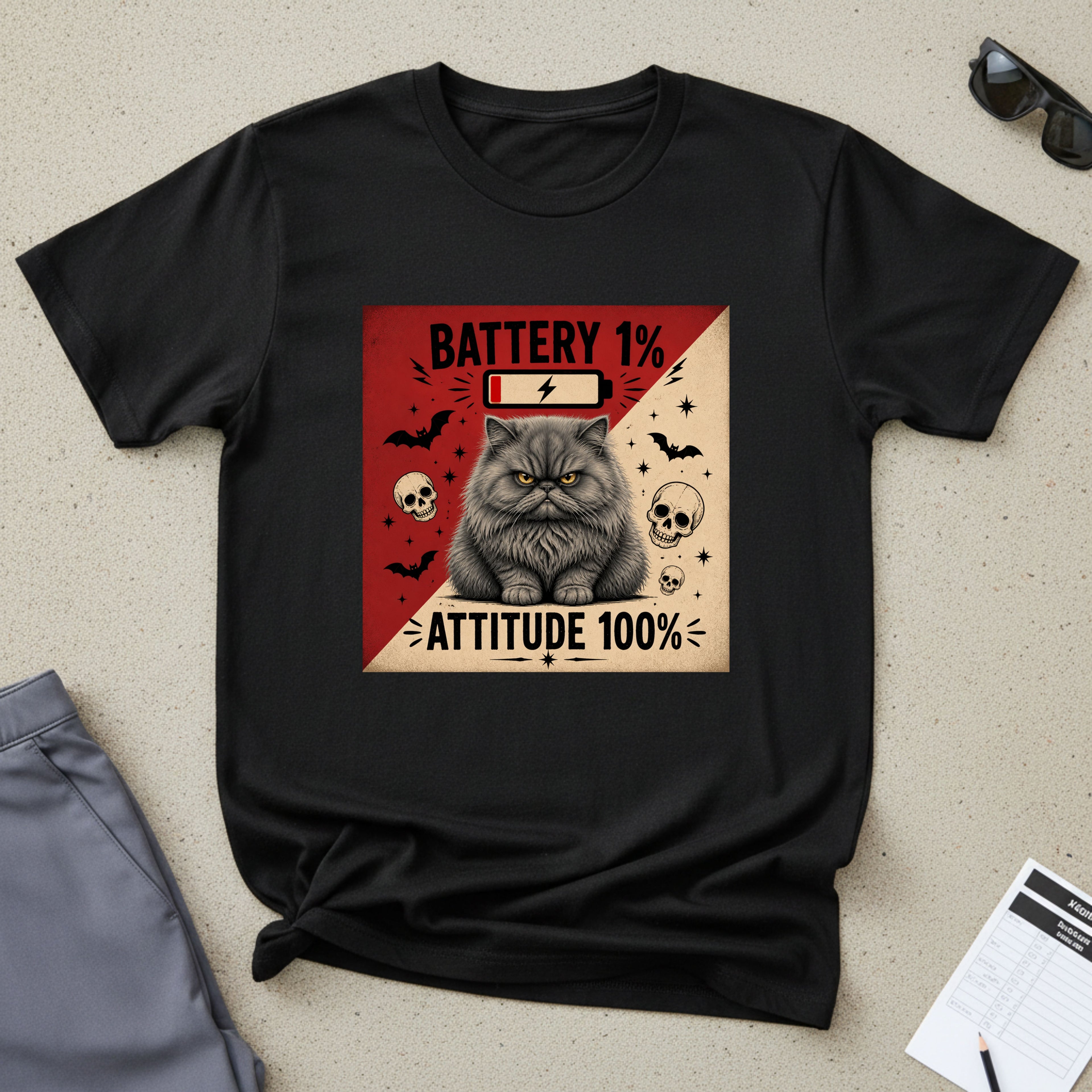 Angry Persian Cat T-Shirt — "Battery 1% / Attitude 100%" Spooky Vintage Graphic