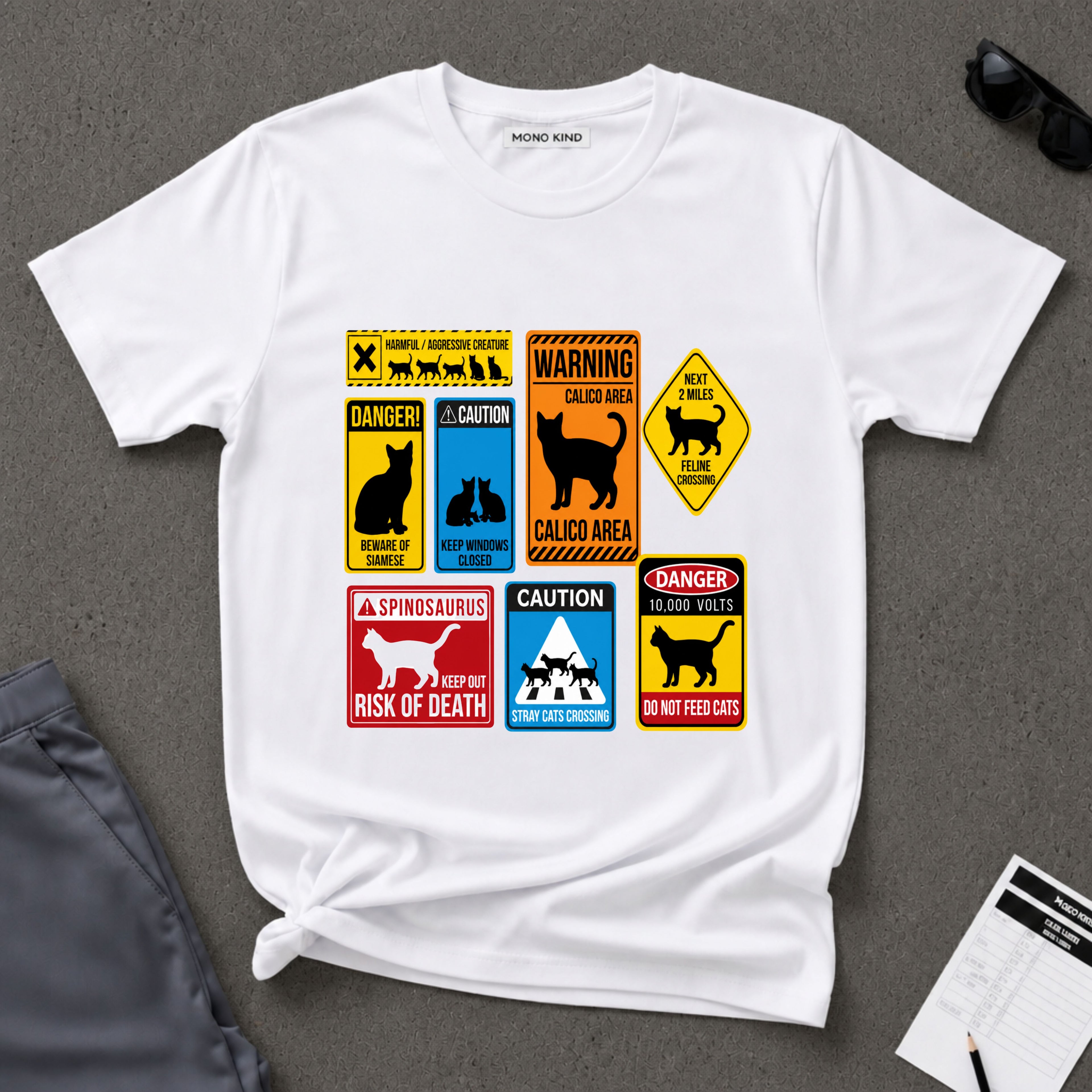 Cat Warning Signs Graphic T-Shirt
