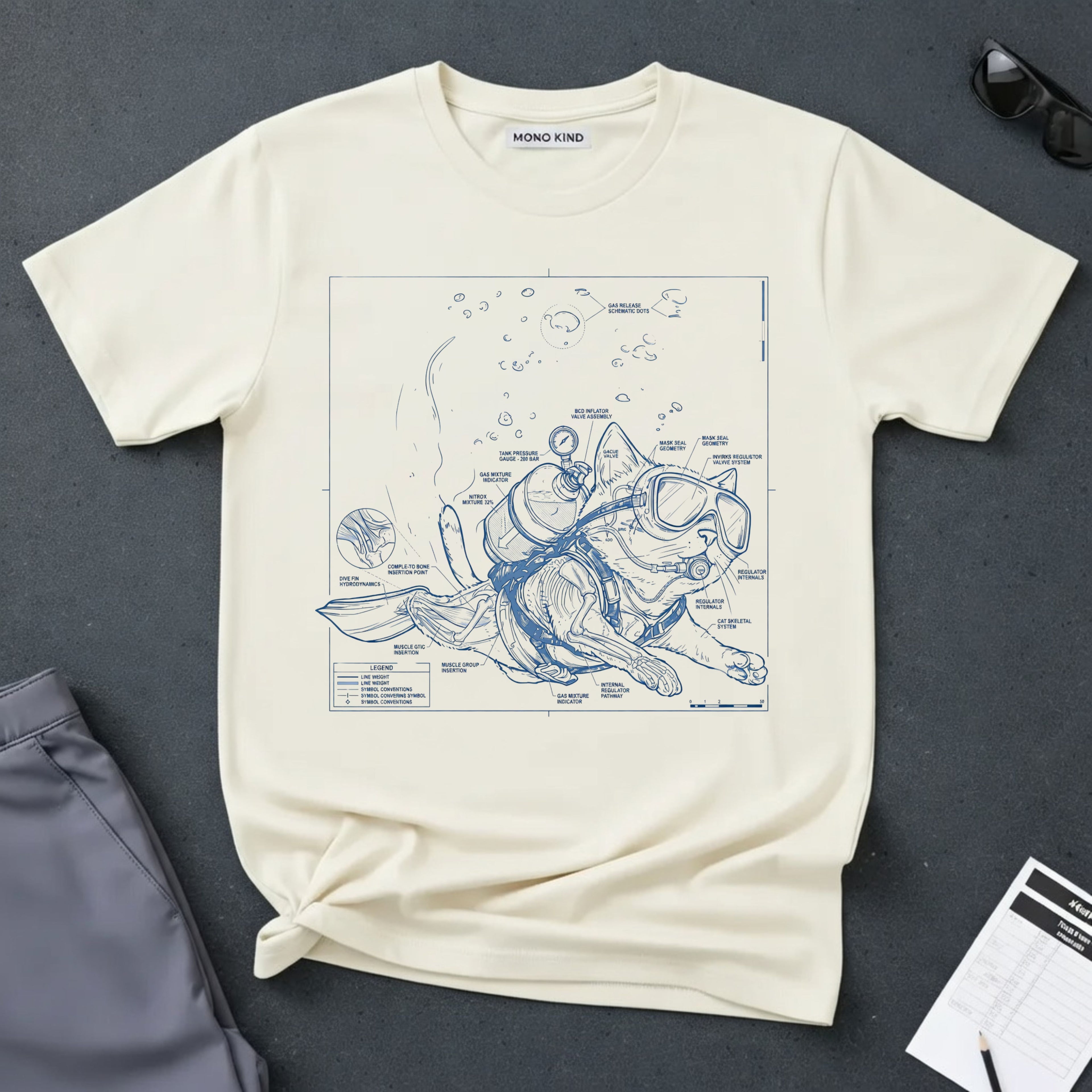 Cat Scuba Blueprint T-Shirt