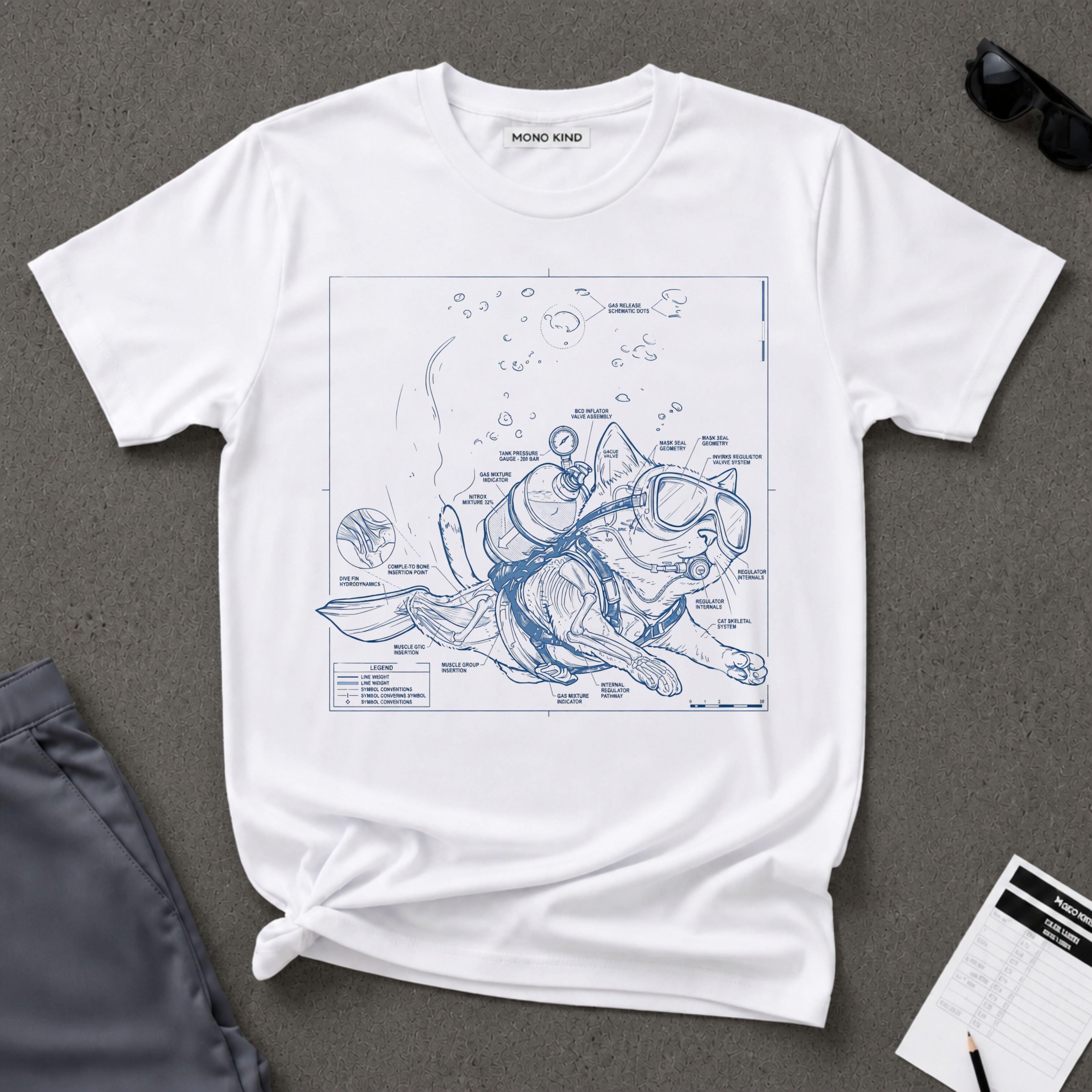 Cat Scuba Blueprint T-Shirt