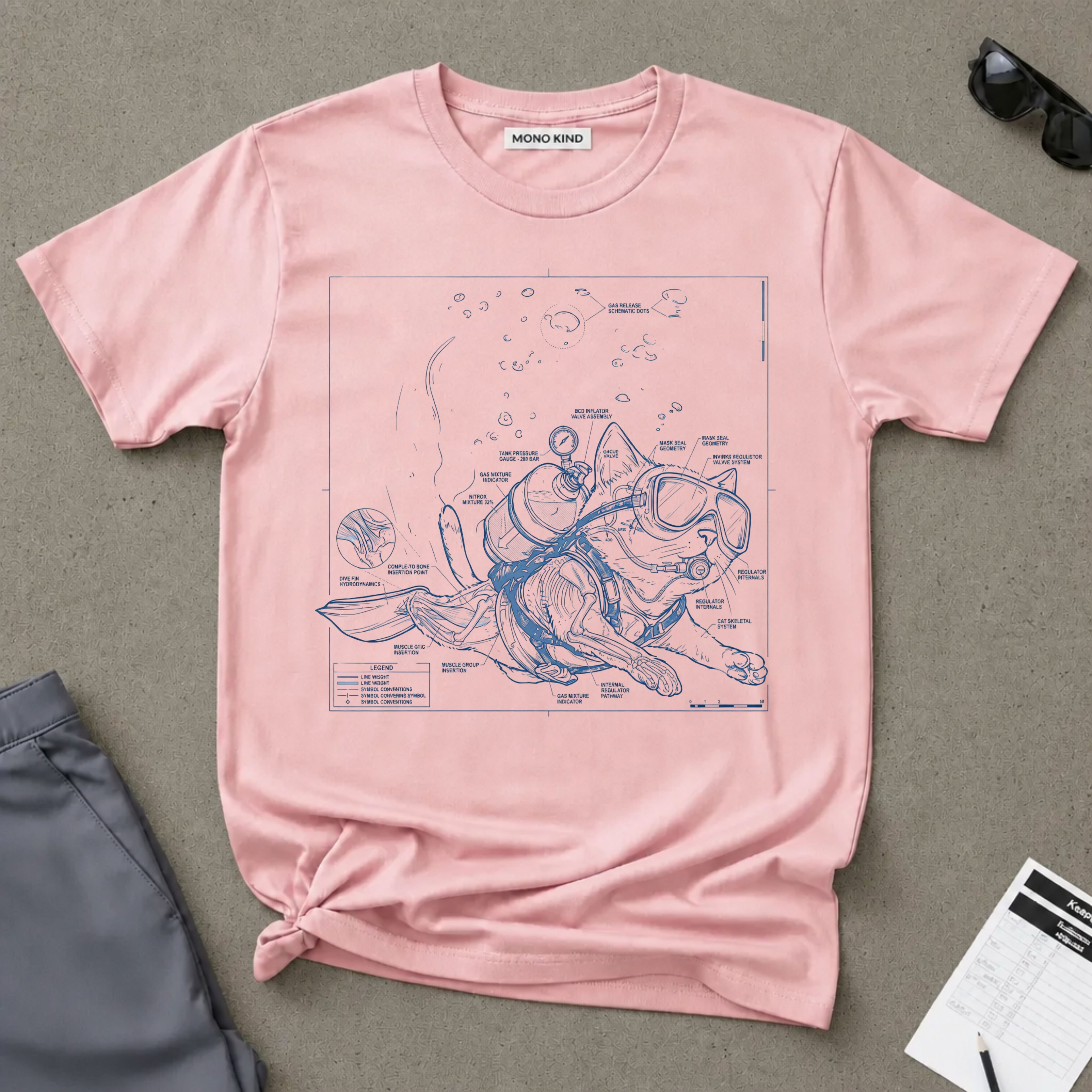 Cat Scuba Blueprint T-Shirt