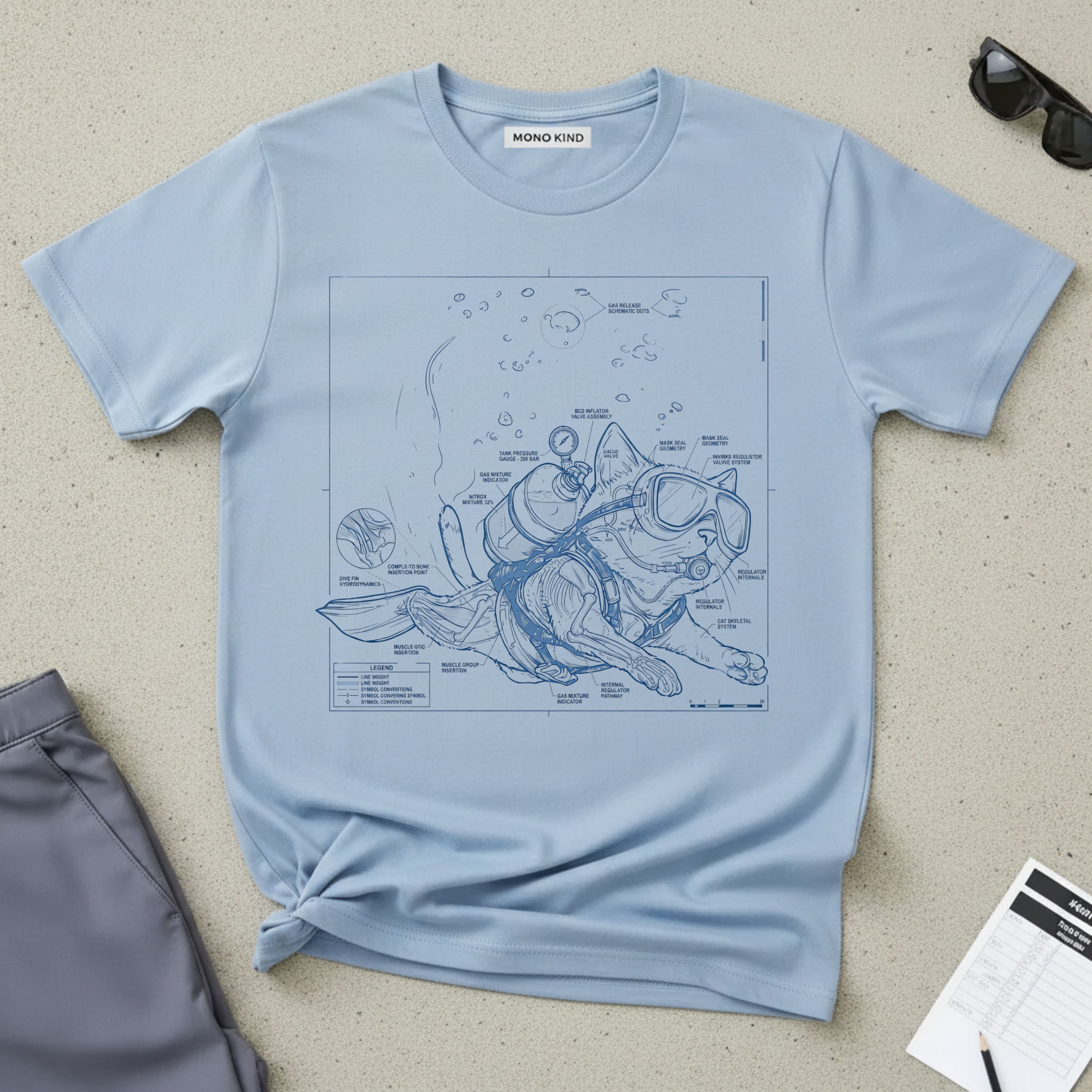 Cat Scuba Blueprint T-Shirt