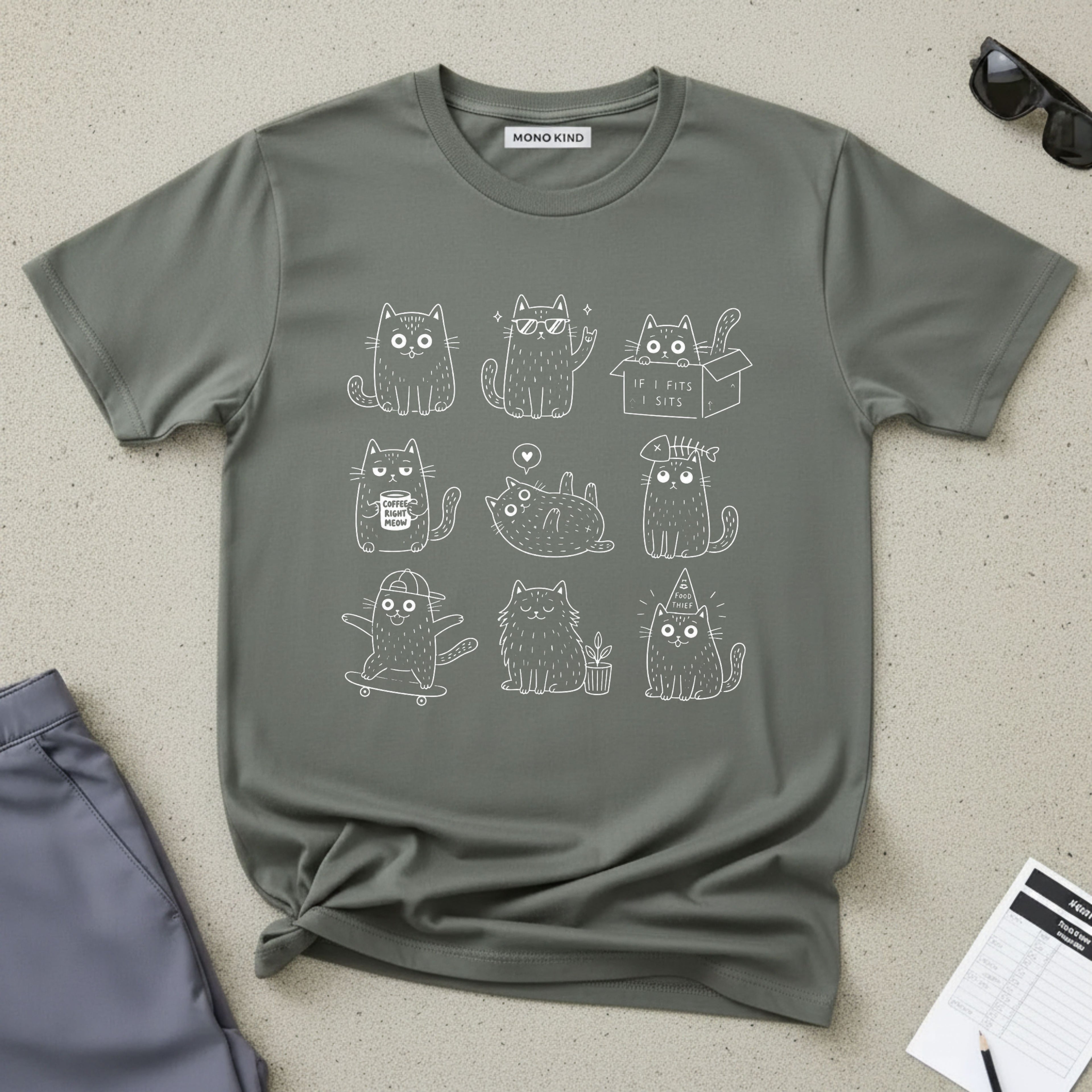 Cute Cats 3x3 Line Art T-Shirt