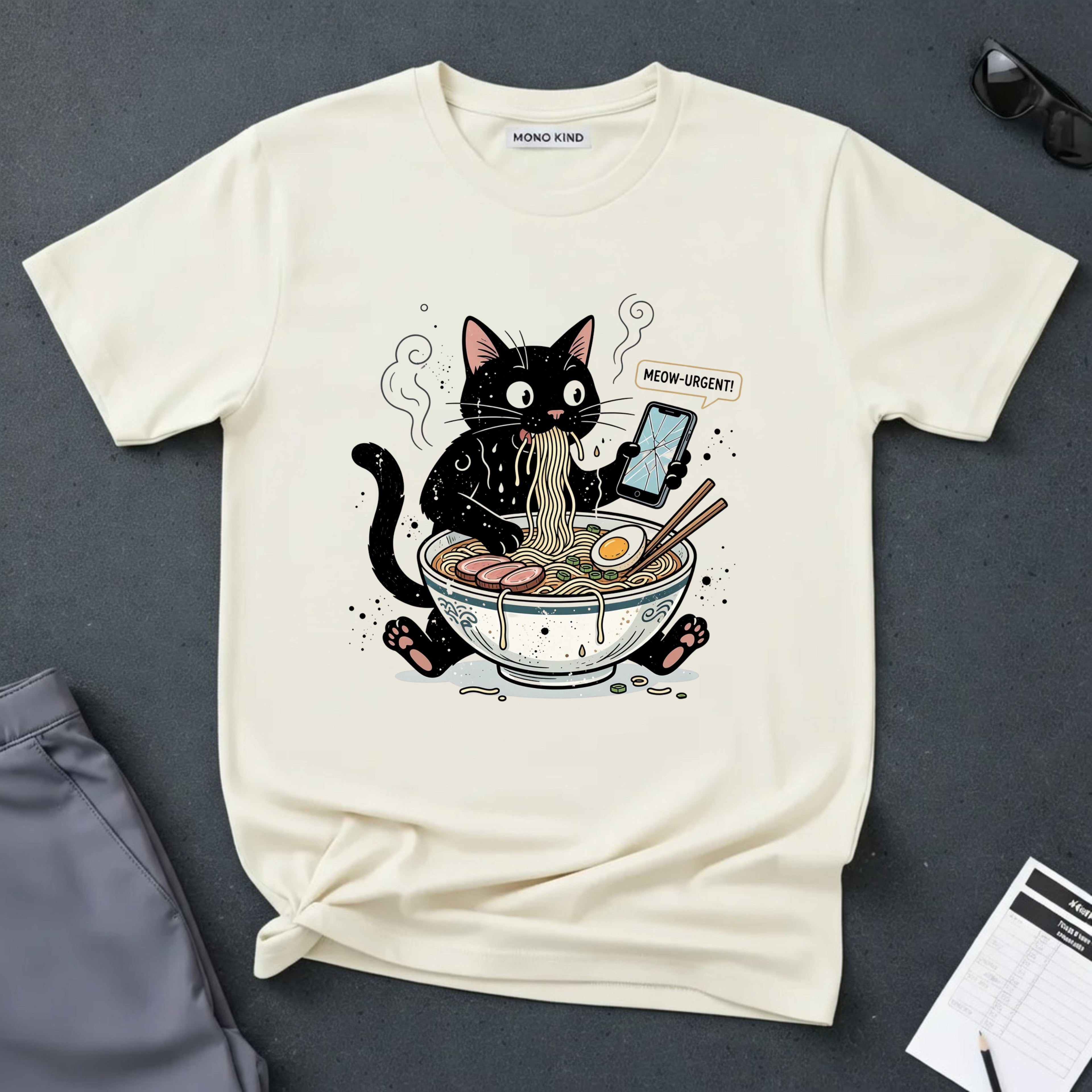 Startled Black Cat Eating Ramen T-Shirt