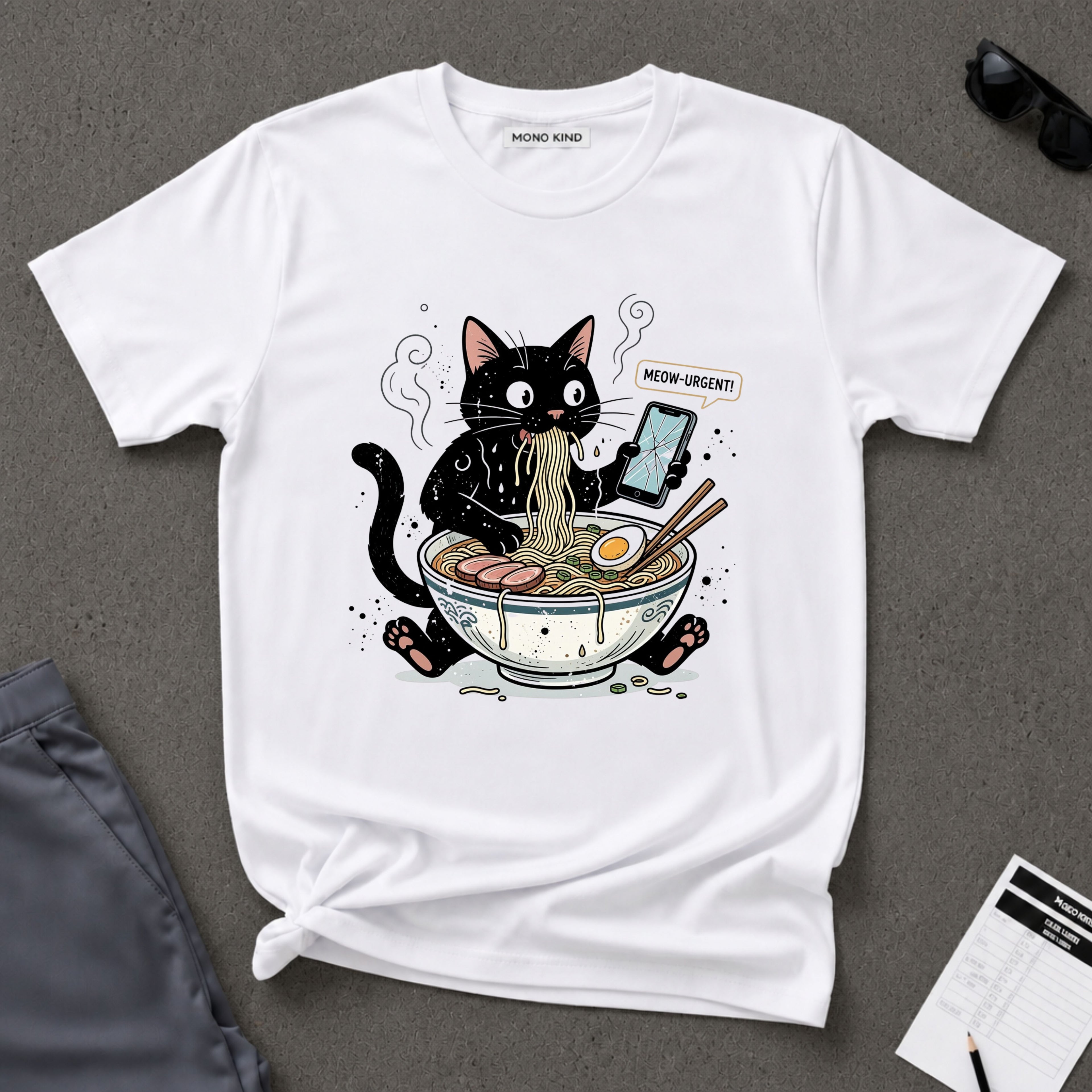 Startled Black Cat Eating Ramen T-Shirt