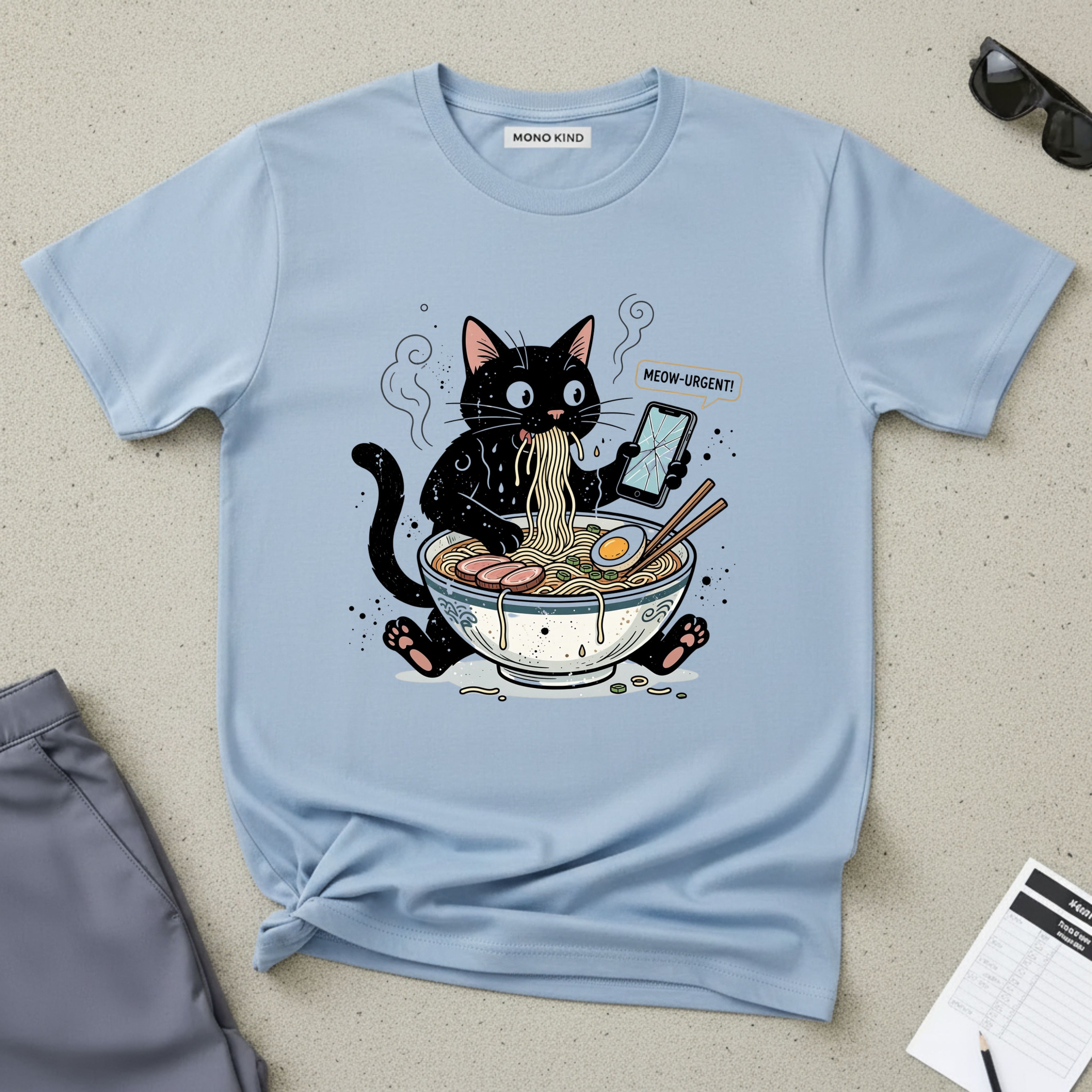 Startled Black Cat Eating Ramen T-Shirt