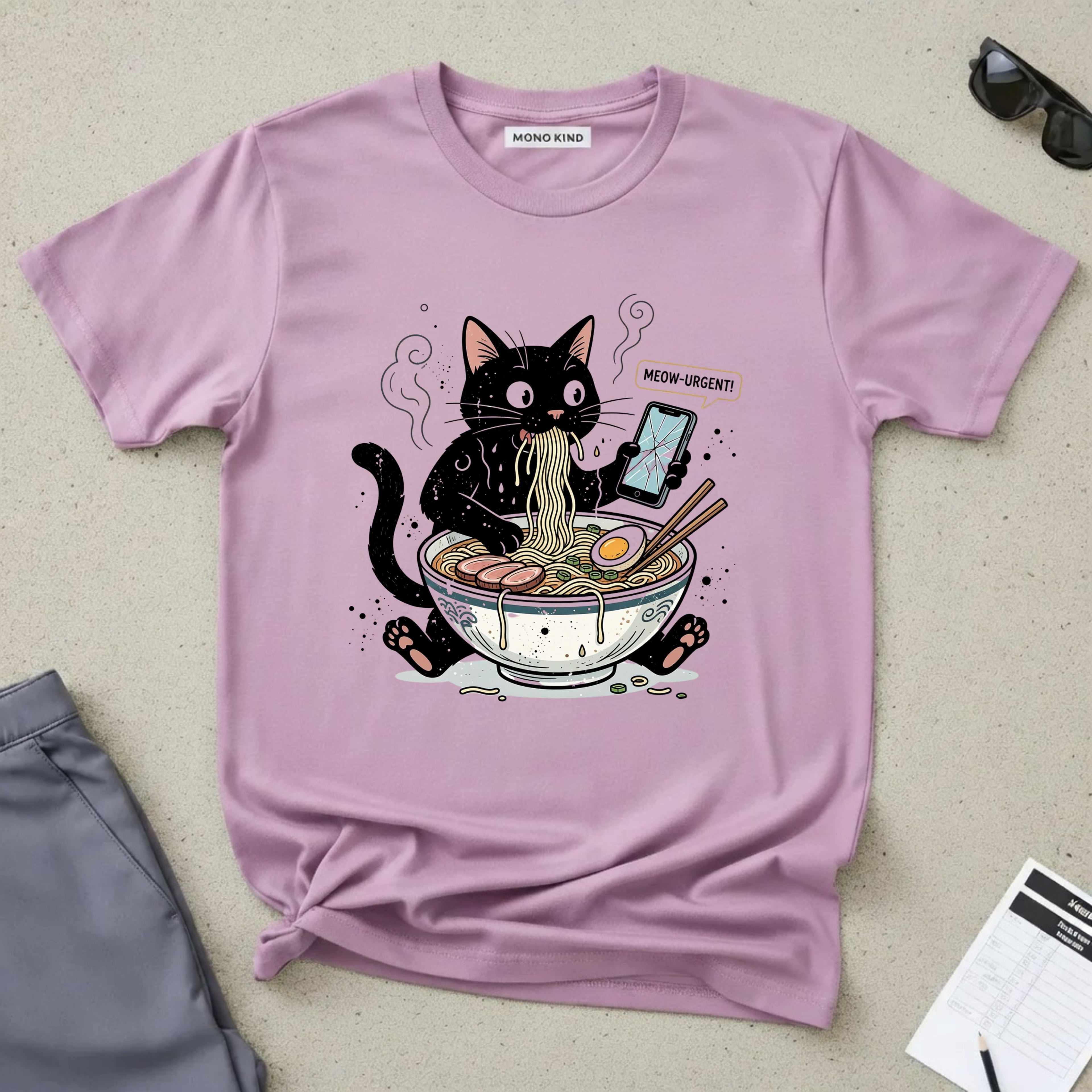 Startled Black Cat Eating Ramen T-Shirt