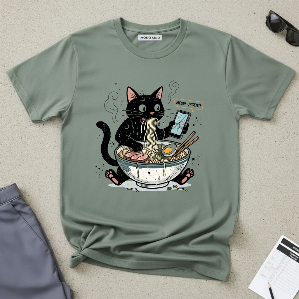 Startled Black Cat Eating Ramen T-Shirt