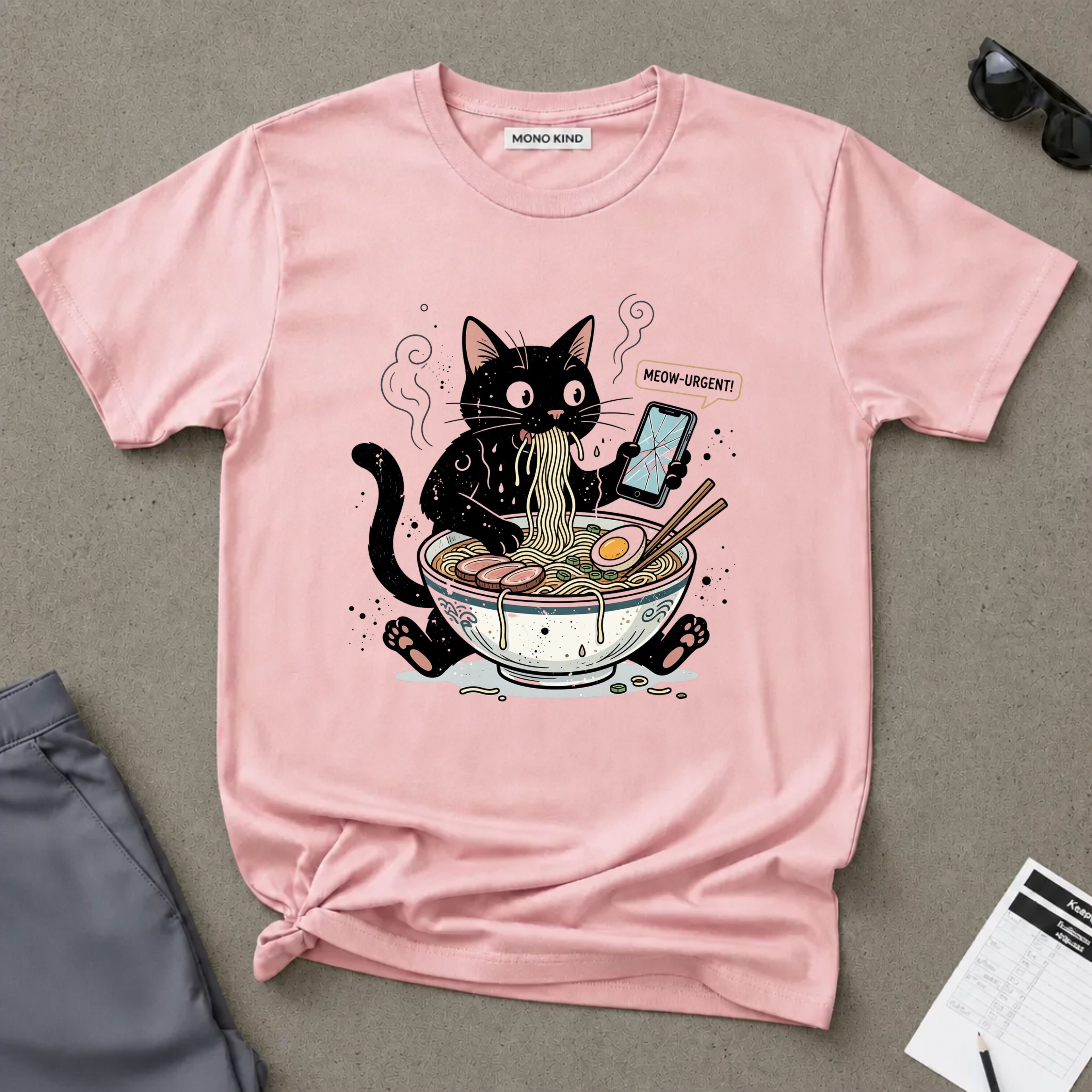 Startled Black Cat Eating Ramen T-Shirt