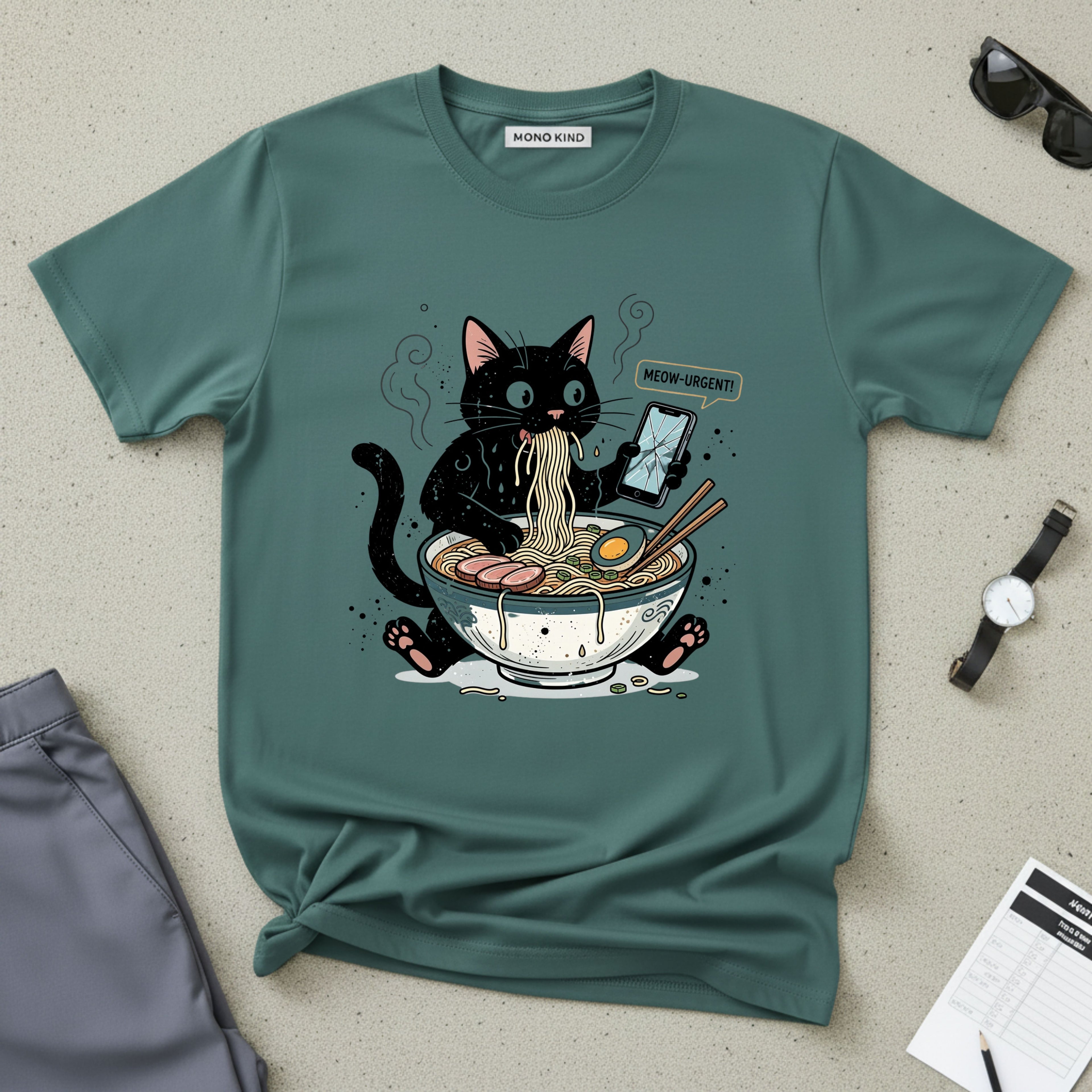 Startled Black Cat Eating Ramen T-Shirt