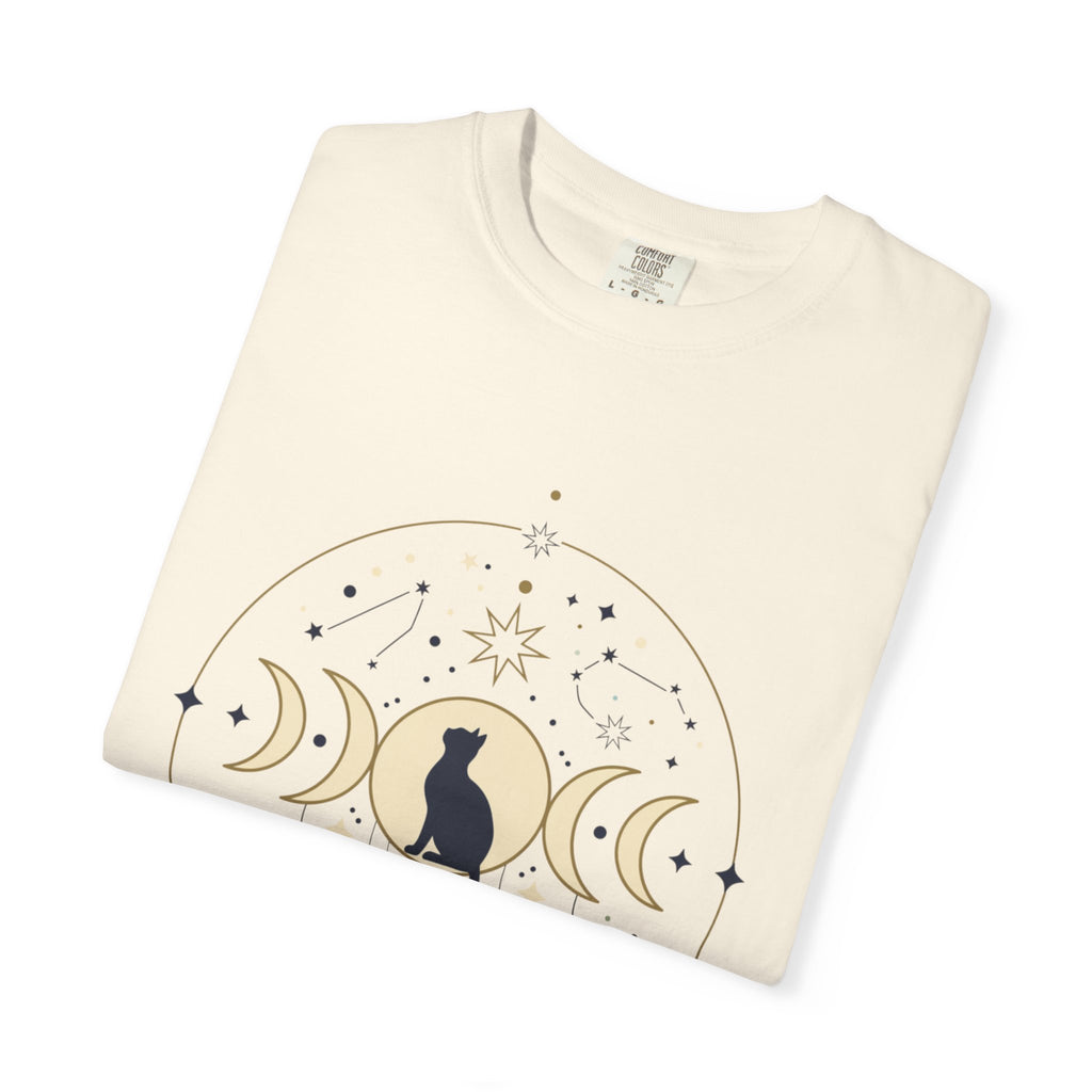 Celestial Cat Moon Phases T-Shirt — Gold & Black Cat Astronomy Tee