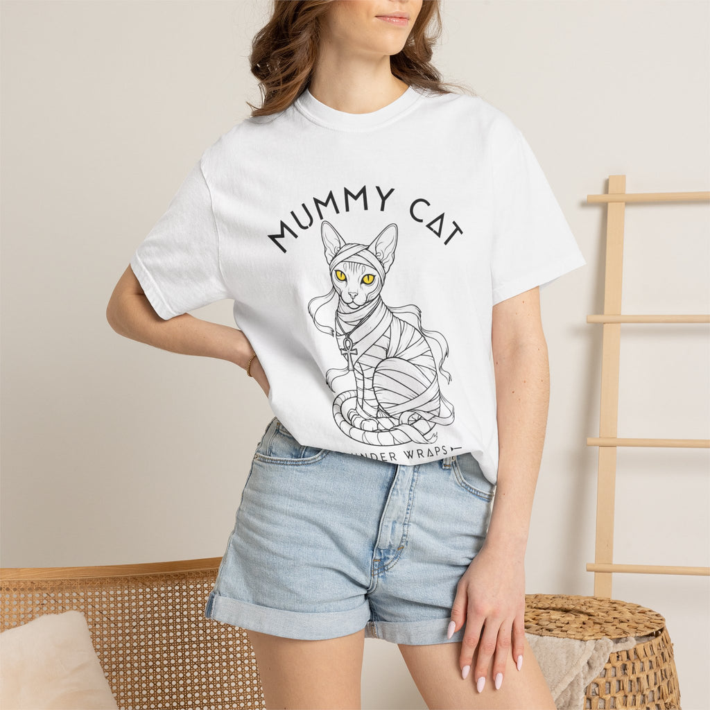 Mummy Cat T-Shirt — Sphynx Mummy Cat with Ankh, "UNDER WRAPS"